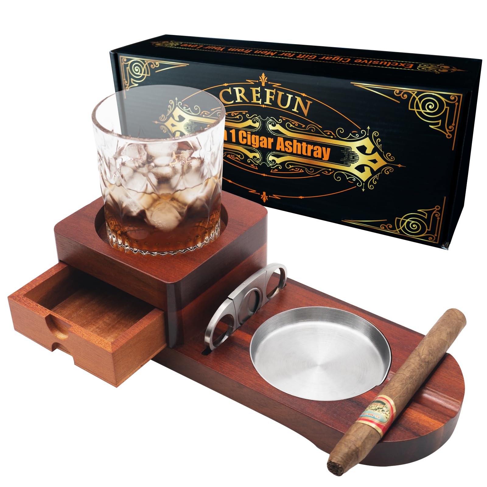Crefun CK2631 Wooden Cigar Ashtray and Whiskey Coaster Set