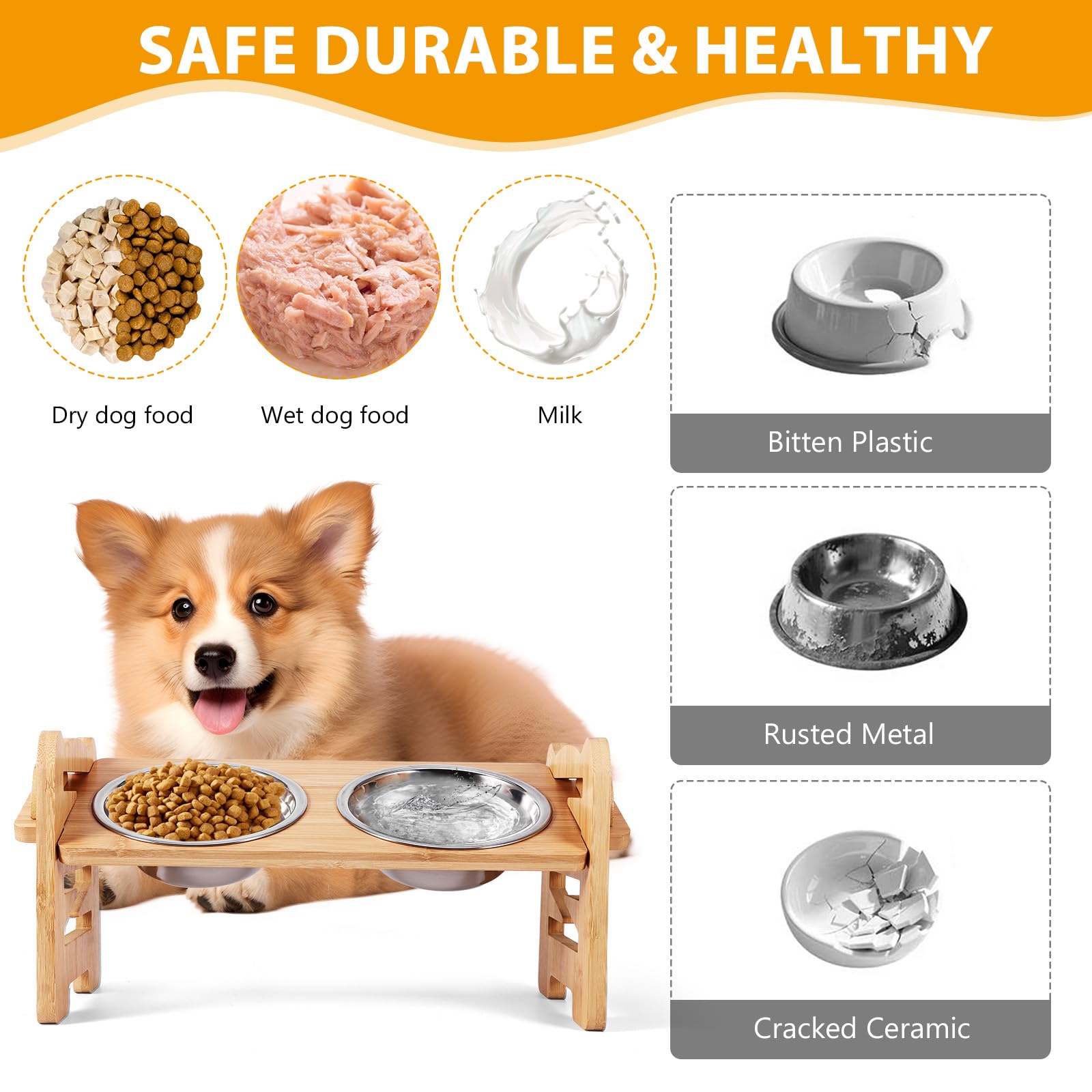 Raised Dog Bowl, Elevated Dog Bowls with Stand 3 Height Adjustable Bamboo Dog Feeding Station with 2 Stainless Steel Bowls - Image 4