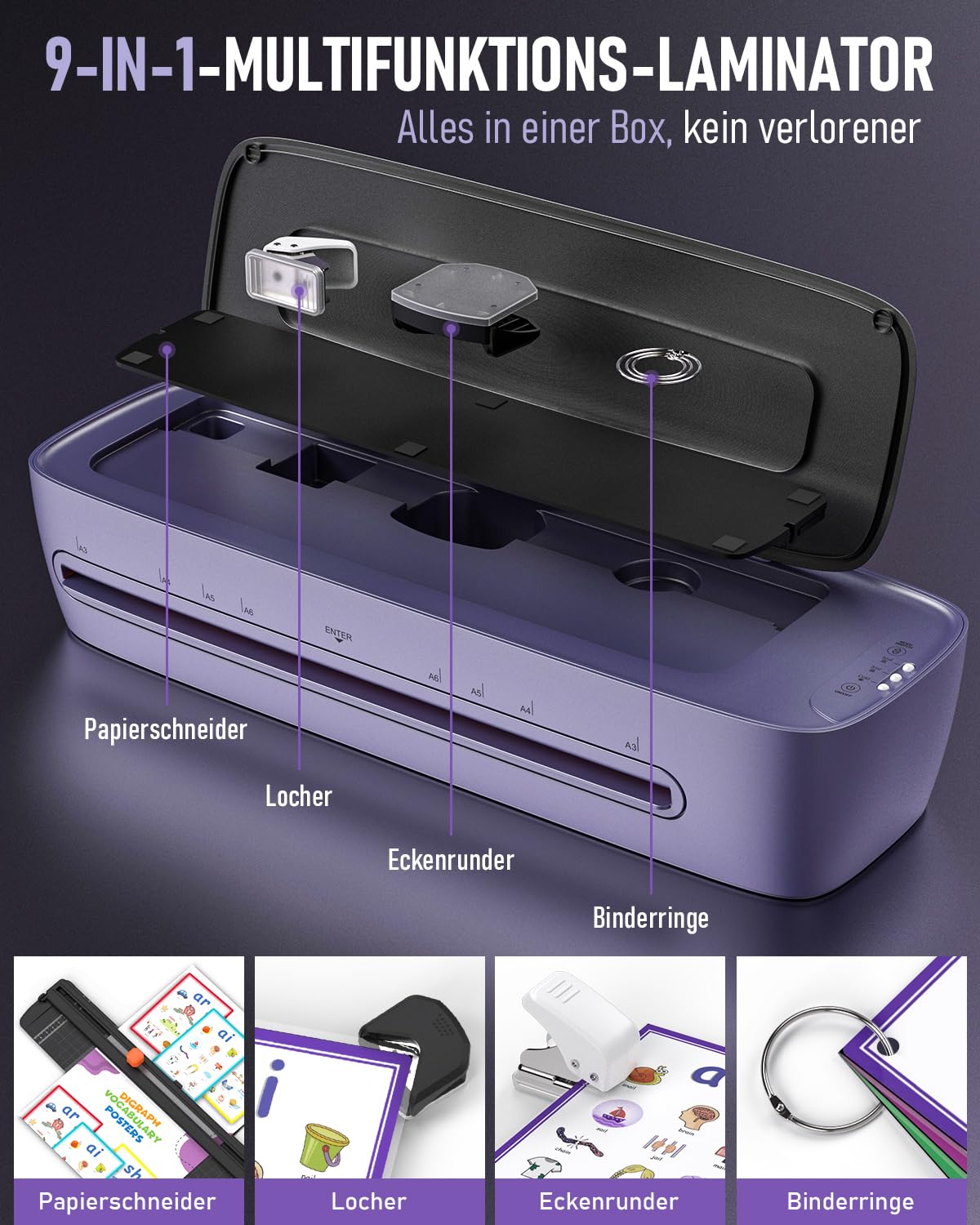Laminiergerät A3 mit Laminierfolien 30 Stück, Heiß und Kalt Foliergerät für A3 A4 A5 A6, 9 in 1 Laminiergerät mit Papierschneider und Eckenabrunder, Laminator für Schule Zuhause Büro Datei