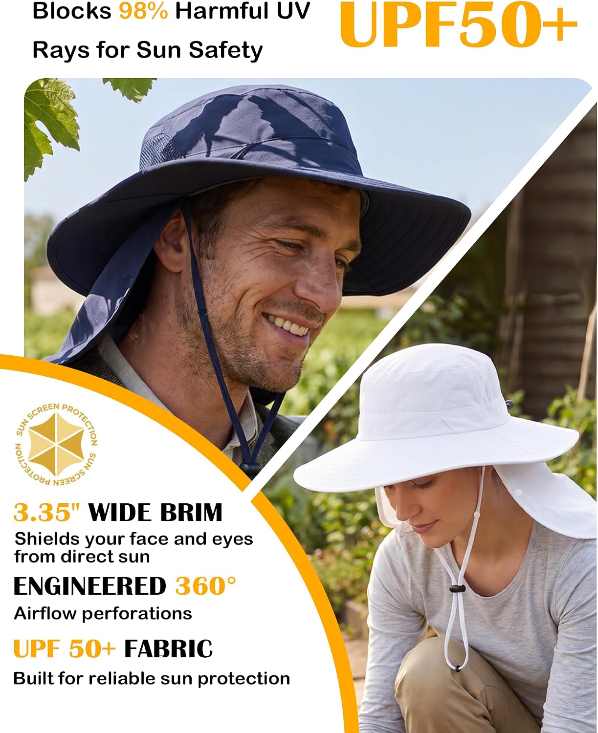 Home Prefer UPF 50+ Wide Brim Sun Hats with Neck Flap Sun Protection Hat for Men Women Gardening Fishing Summer Bucket Hat
