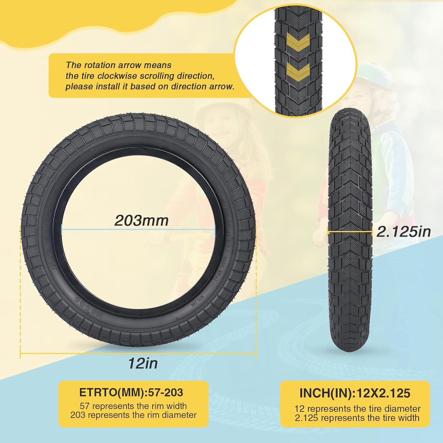 12/16/20x2.125 Bike Tires 1/2 Pack 12/16/20 Inch Kids Folding Replacement Tire/Tube Suitable for Tires 12/20x2.1 12/16/20x2. 125 12/20x2.25, 5 Colors