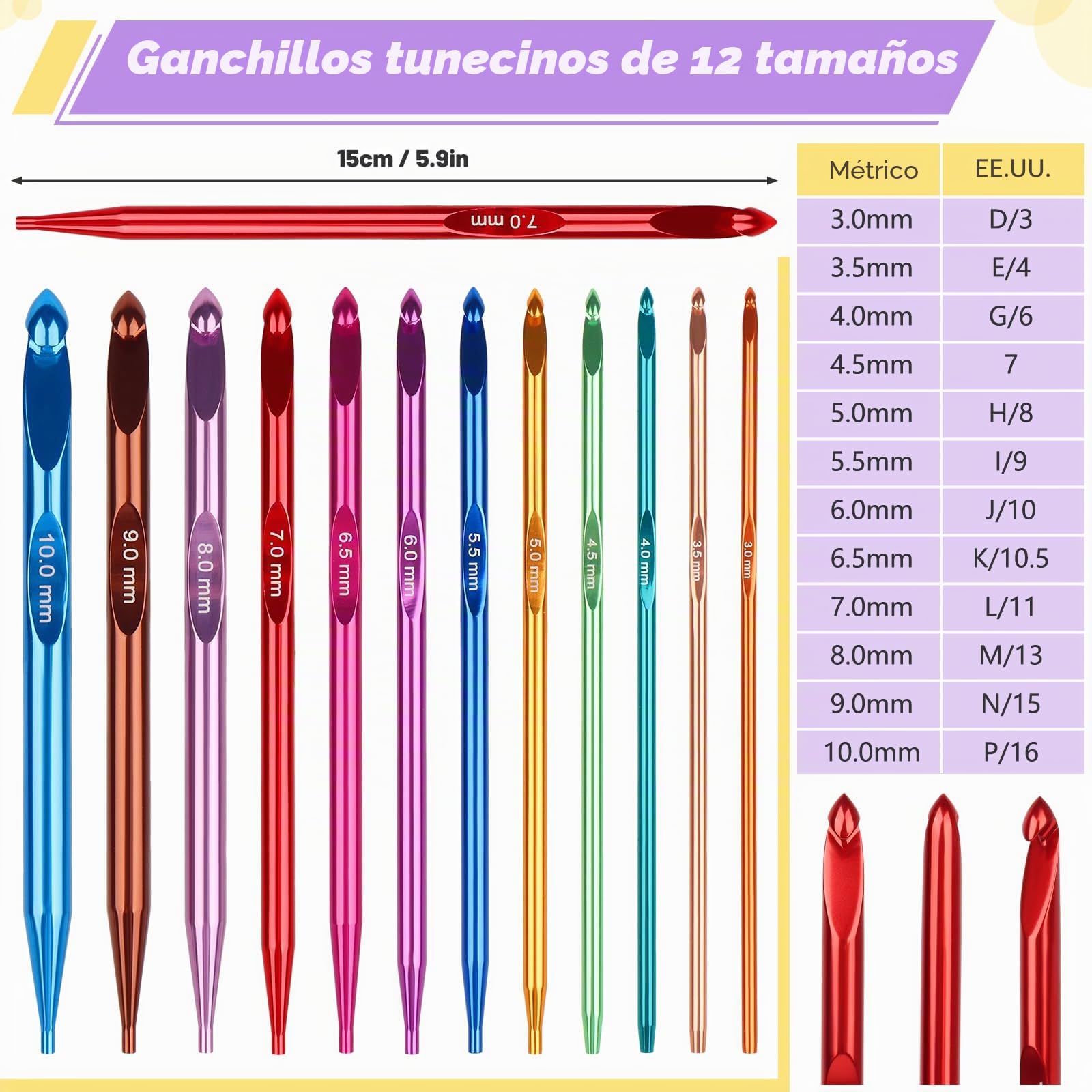 Coopay Juego de ganchos de ganchillo tunecinos intercambiables, gancho de ganchillo tunecino de metal con cables, ganchos de ganchillo tunecinos extralargos de 3 a 10 mm, agujas de ganchillo