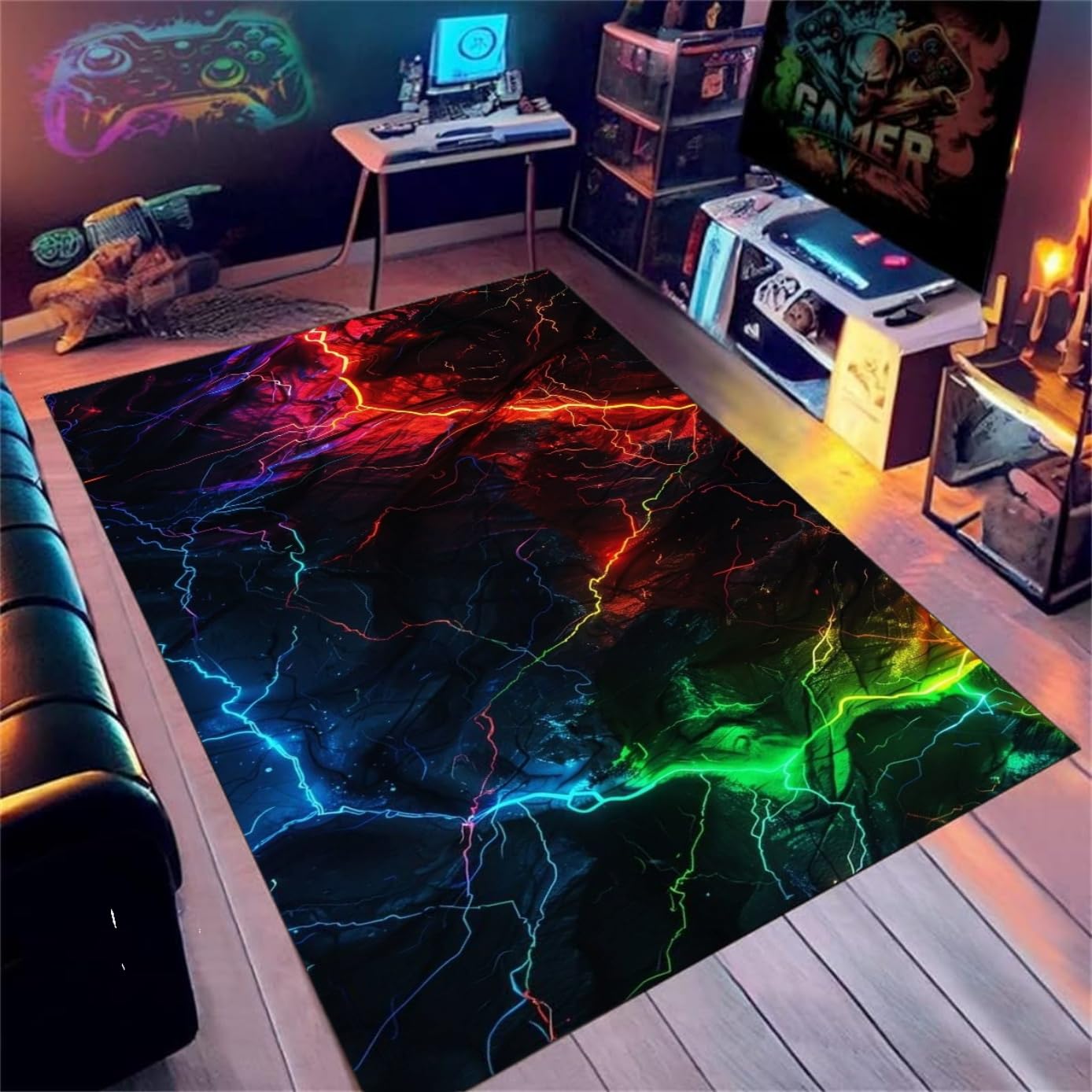 Neon 3D Vision Rug for Gamers, Flannel Soft Carpet for Teen Boys Bedroom & Game Room, Colourful Optical Illusion Gaming Mat, Non-Slip, Comfortable Carpet Gamer Bedroom Accessories, 160x200 cm, Color 5