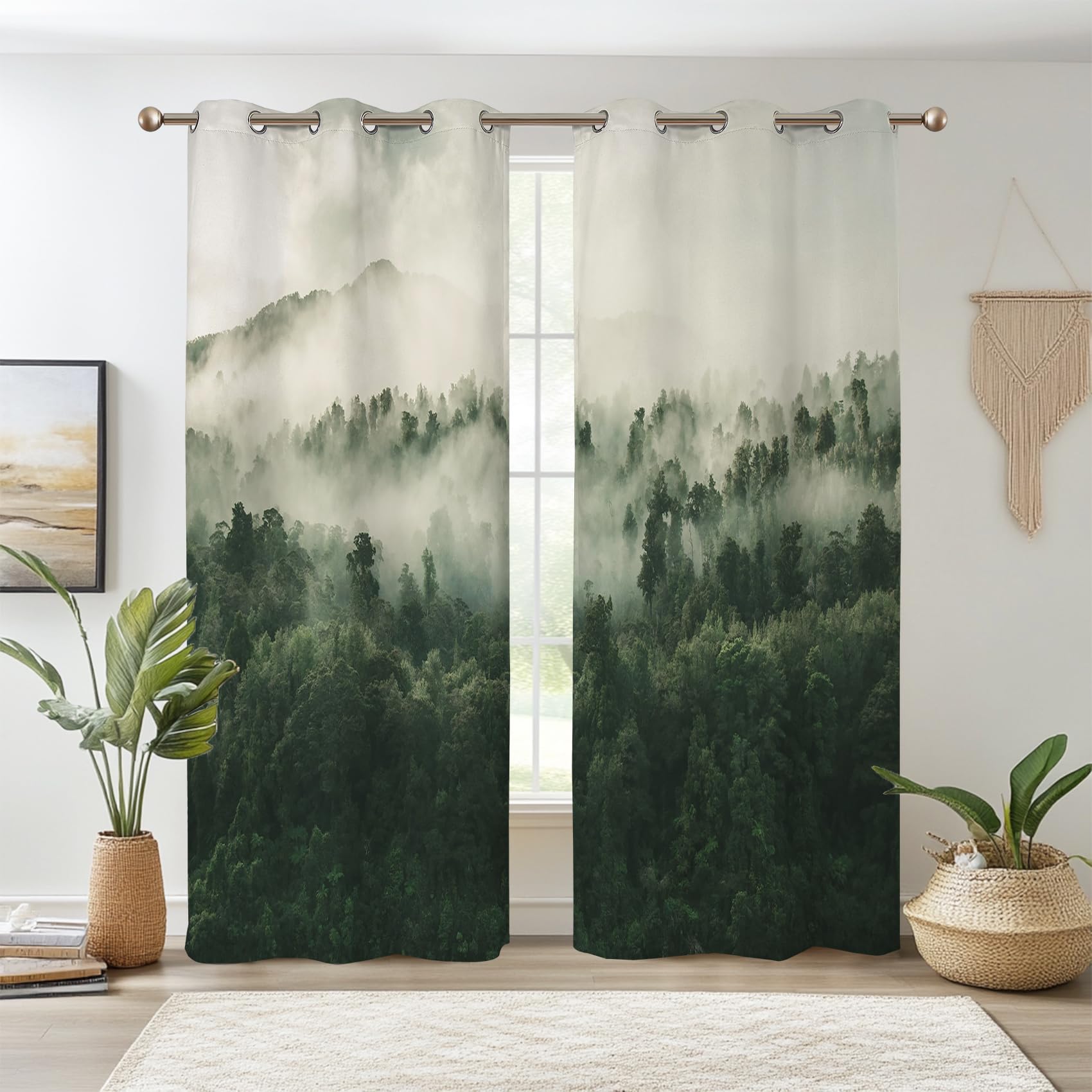 Renaiss Foggy Forest Blackout Curtains, Misty Mountain Mystric Forest Thermal Insulated Curtains for Bedroom Natural Grommet Window Drapes for Living