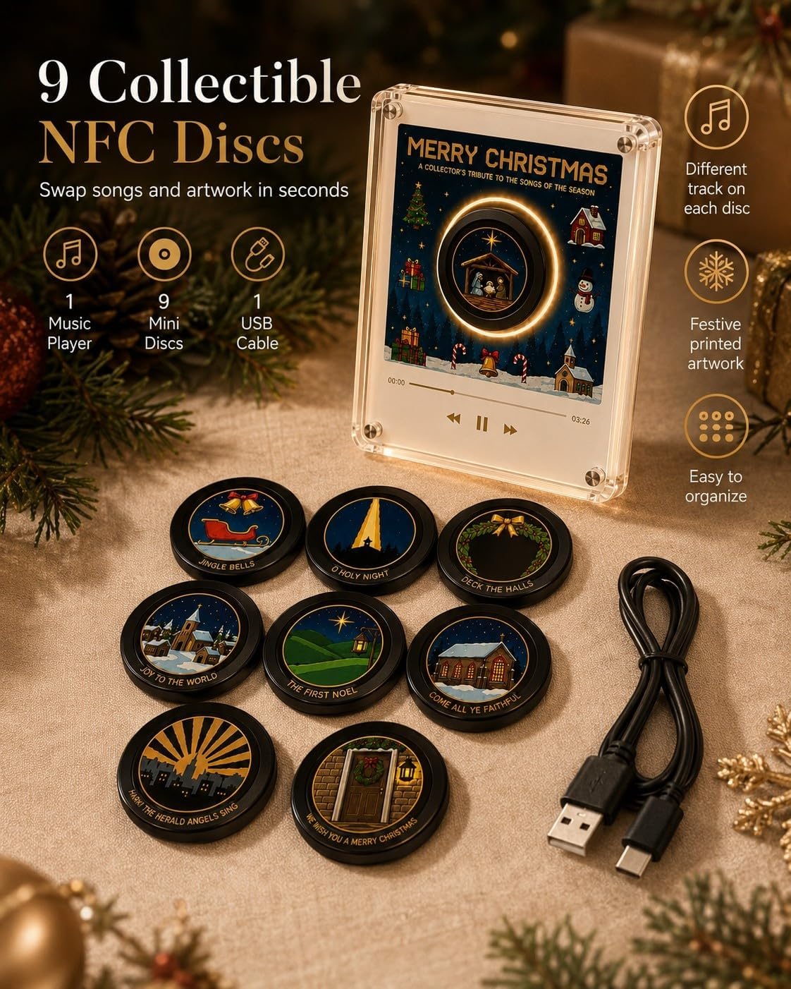 Weihnachts Retro Magnet Mini Vinyl Player Kühlschrank Mit 9 NFC-Discs (B)