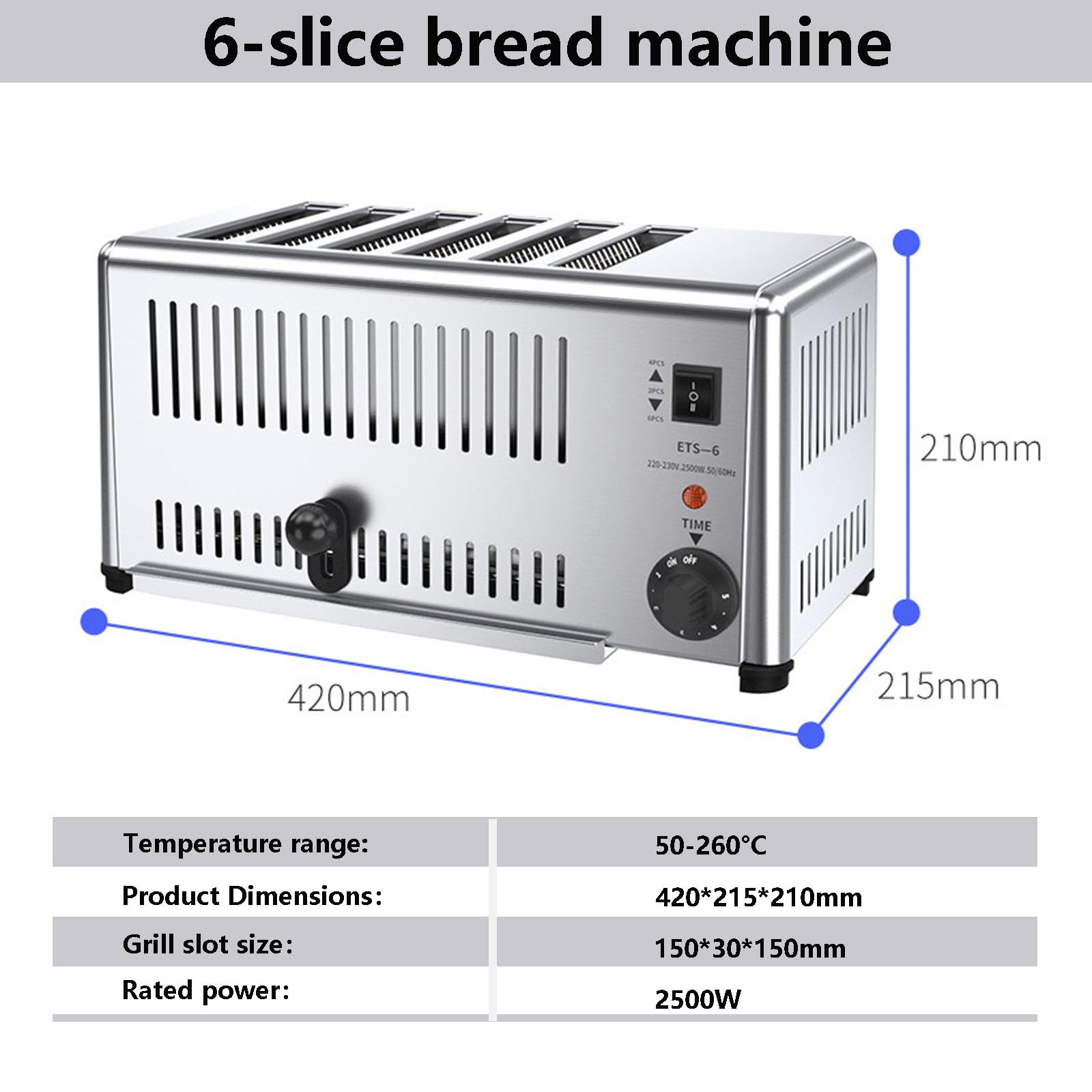 Toster Komercyjny Na 4 Kromki, Elektryczny, Ze Stali Nierdzewnej, 1800 W, Z Regulacją Czasu, 3 Tryby, Do Domów, Restauracji, Hoteli 6slices