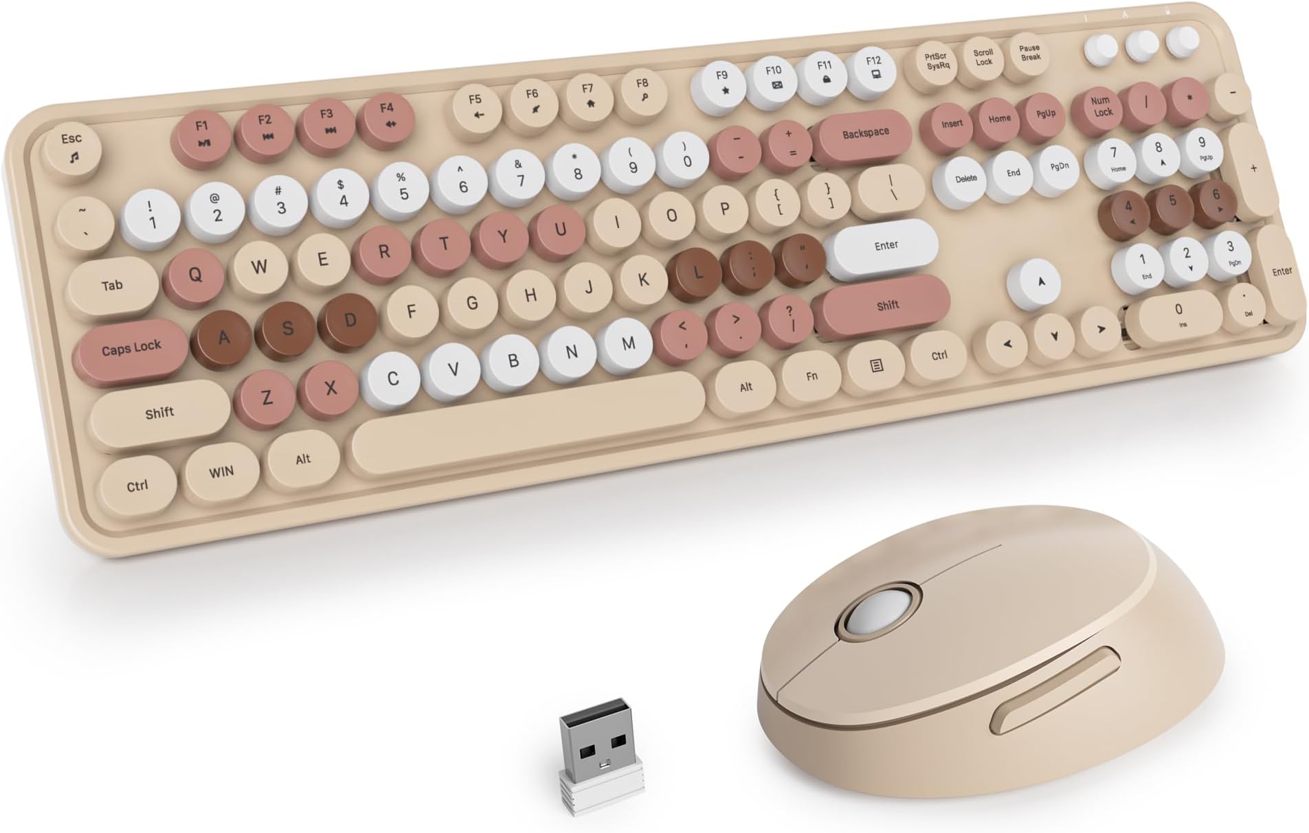 Wireless Keyboard and Mouse Combo, Full-Sized 2.4 GHz Round Keycap Colourful Keyboards, Plug and Play USB Receiver for Win PC Laptop Desktop Mix Brown