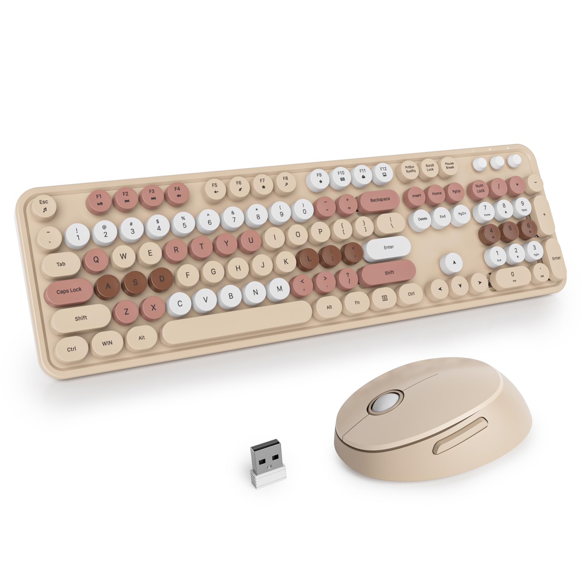 Wireless Keyboard and Mouse Combo, Full-Sized 2.4 GHz Round Keycap Colourful Keyboards, Plug and Play USB Receiver for Win PC Laptop Desktop Mix Brown