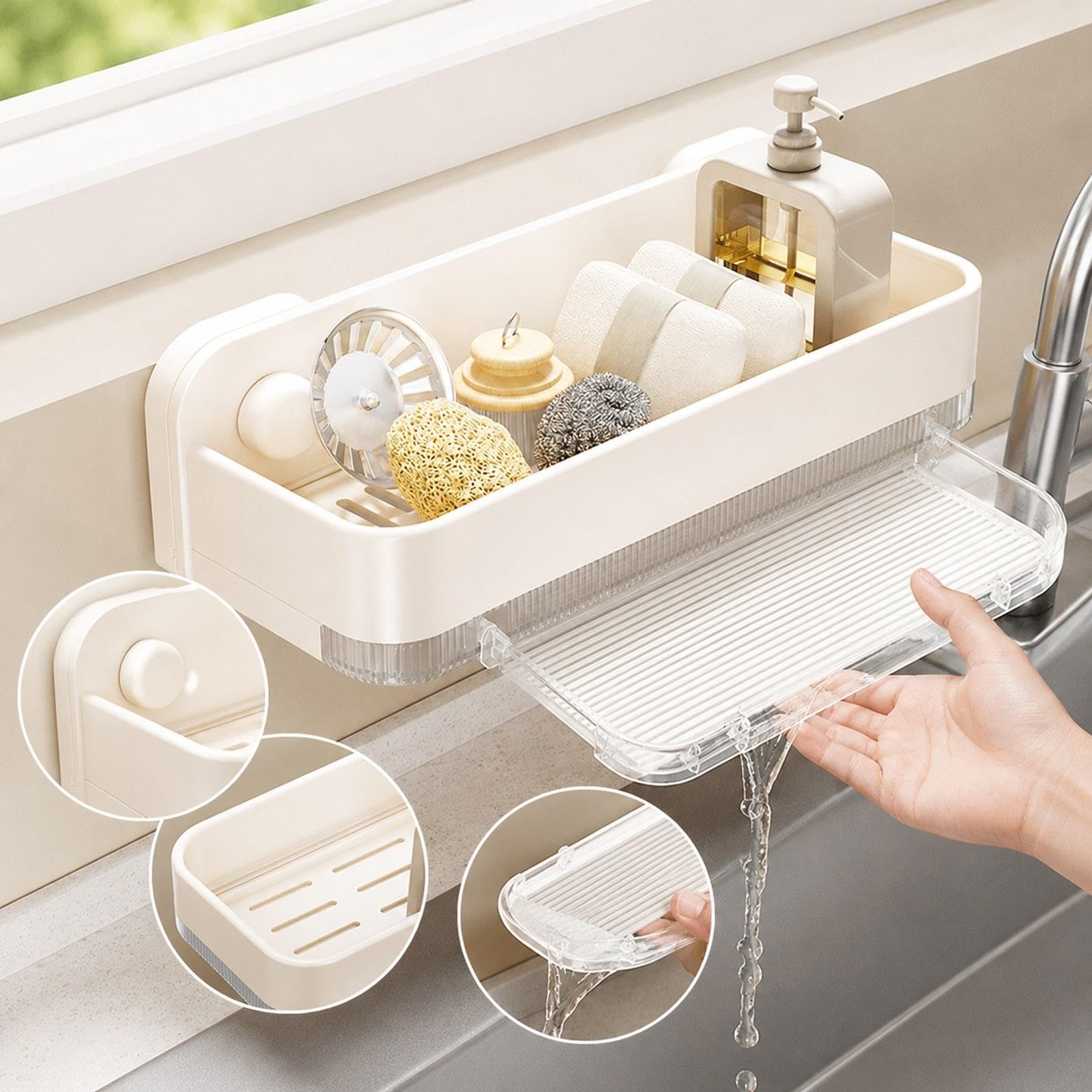 Porta Spugne a Ventosa, Organizer da Cucina, Dispenser per Lavastoviglie, Porta Spazzole, Porta Strofinacci, Scolapiatti, Bianco Crema