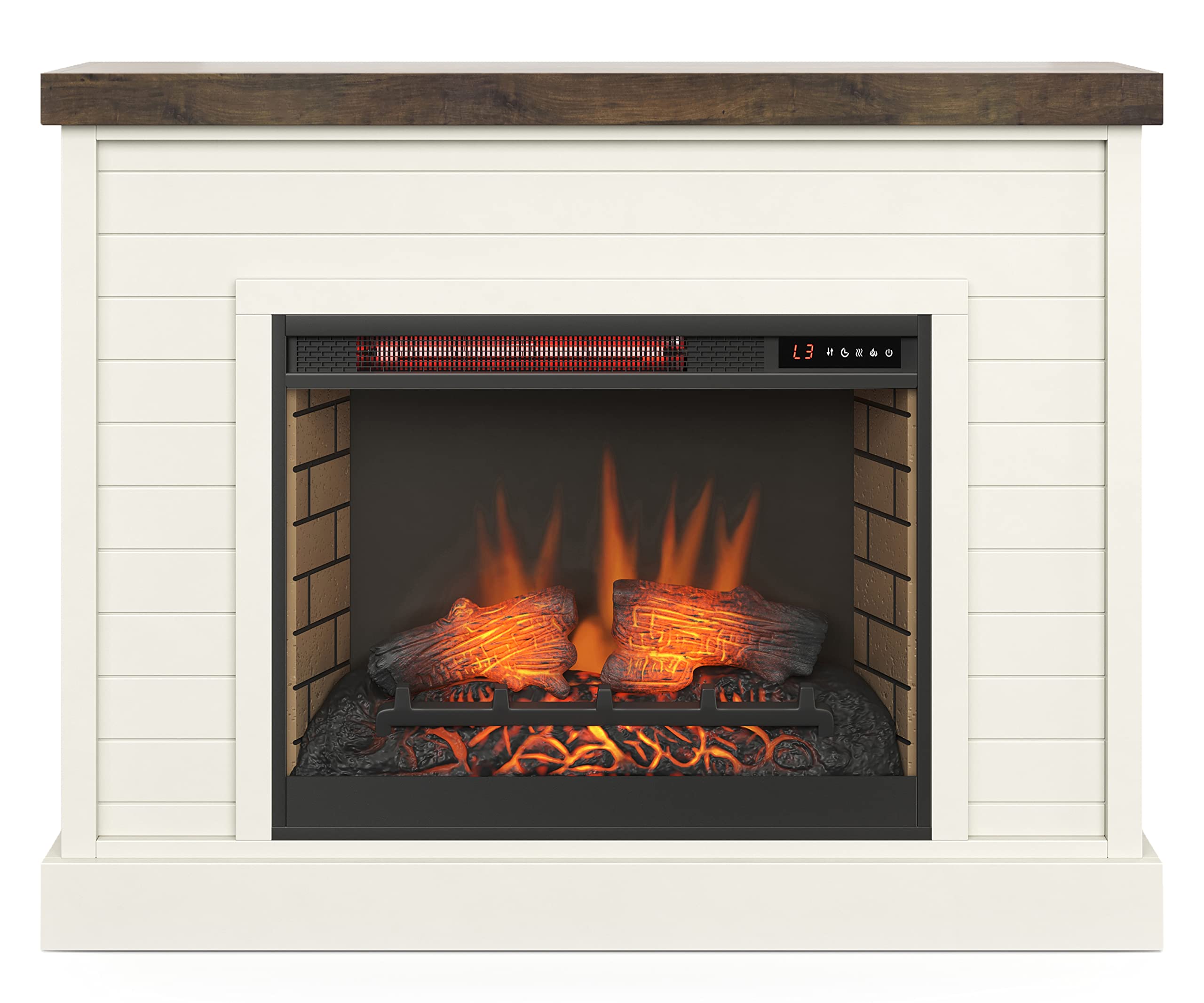 Bridgevine Home Washington Modern Farmhouse Electric Fireplace with Mantel, 48 inches, Poplar and Knotty Alder Solid Wood, Jasmine Whitewash and Barnwood Finish