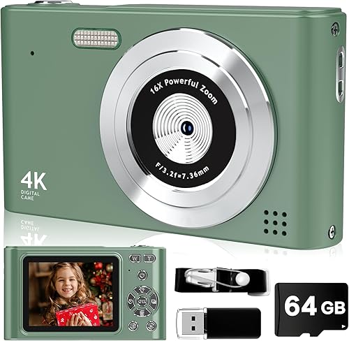 Miniatura 11 de Cámara digital, 44 MP Full HD 1080P cámara de apuntar y disparar con tarjeta de 64 GB, cámaras Volg compactas con zoom de 16X, portátil, pequeño