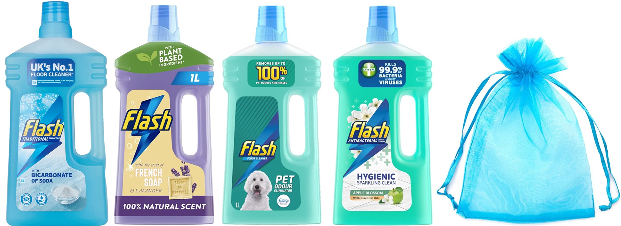 Flash Floor & All Purpose Cleaner Bundle: Flash with Bicarbonate of Soda 1L + Flash with Natural French Soap & Lavender 1L+ Flash for Pet Lovers with Febreze, 1L+ Flash Antibacterial, Apple Blossom 1L