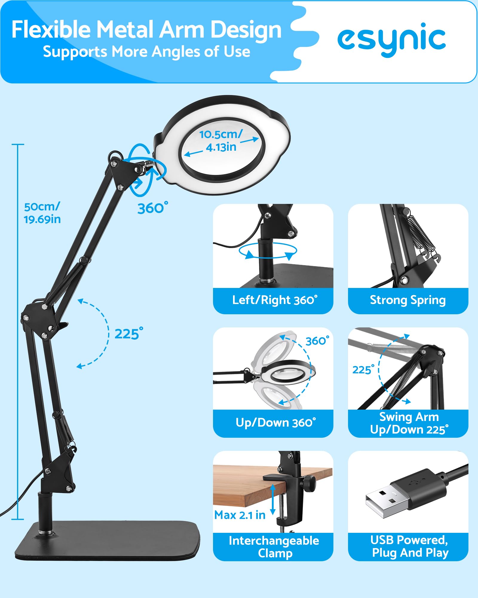 eSynic 10X Magnifier Lamp Desk Magnifying Glass with 84 LED Light Tabletop&Clamp Style with Metal Base, Black - Image 4
