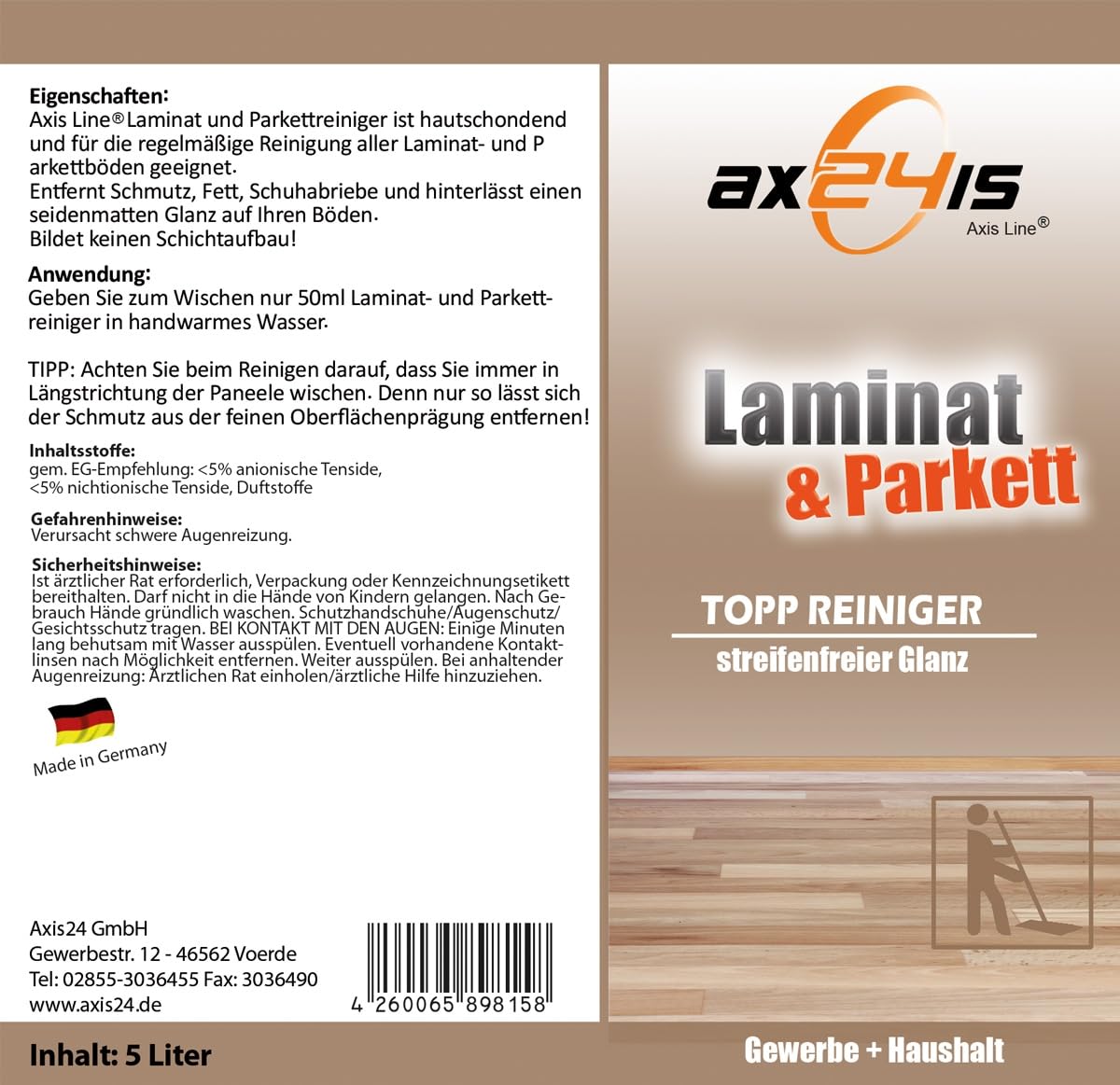 Limpiador de Suelos y Parqué Concentrado de 5 Litros para Laminado | Fórmula alemana de limpieza sin rayas y aroma fresco. Ideal para el cuidado profesional de superficies de madera o laminadas.