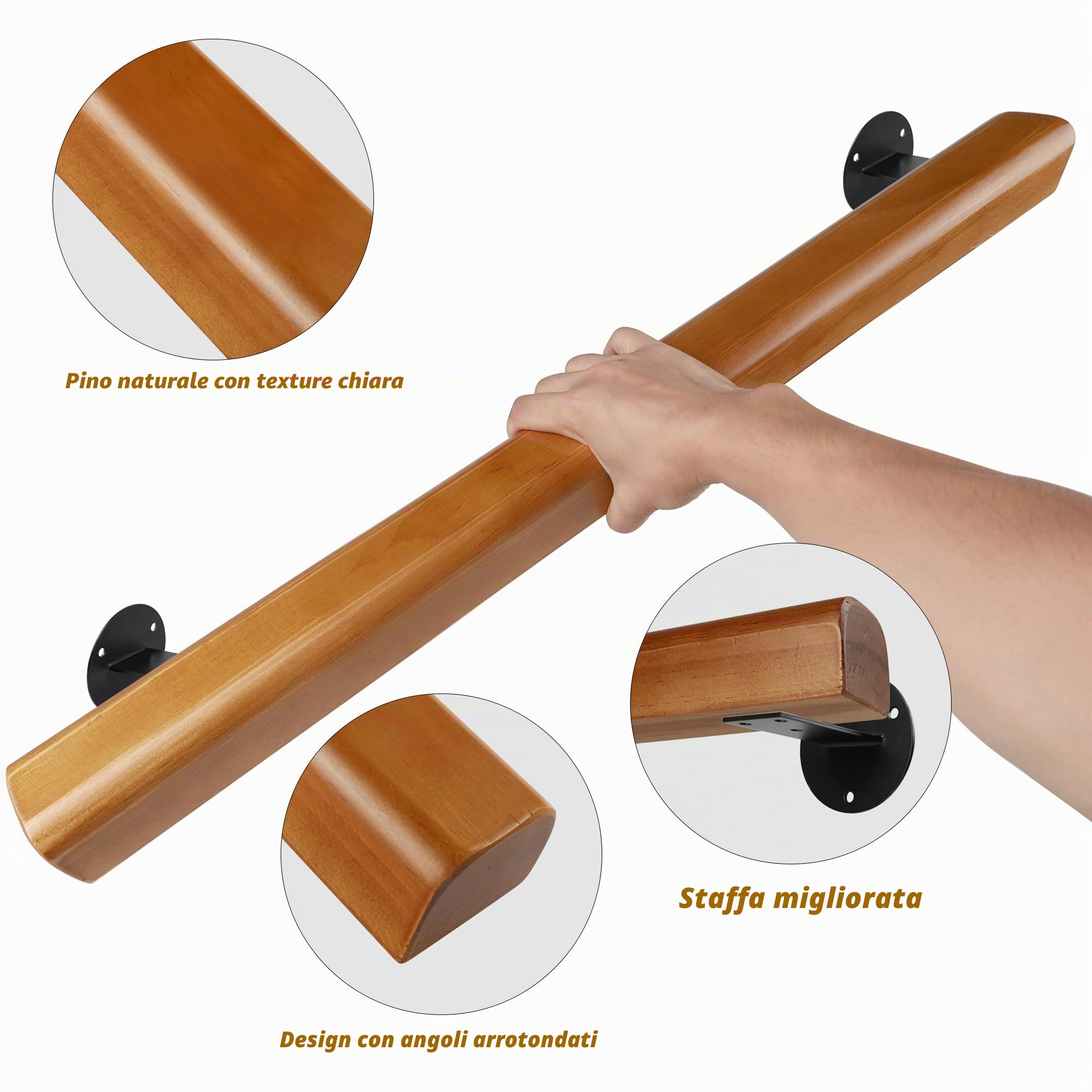 60cm Corrimano Legno per Scale Interne, Ringhiera A Muro Per Anziani, Passamano Moderno Capacità di Carico 180KG, Maniglie Antiscivolo Supporto di Sicurezza per Casa, Corridoio, Soppalchi, Terrazze