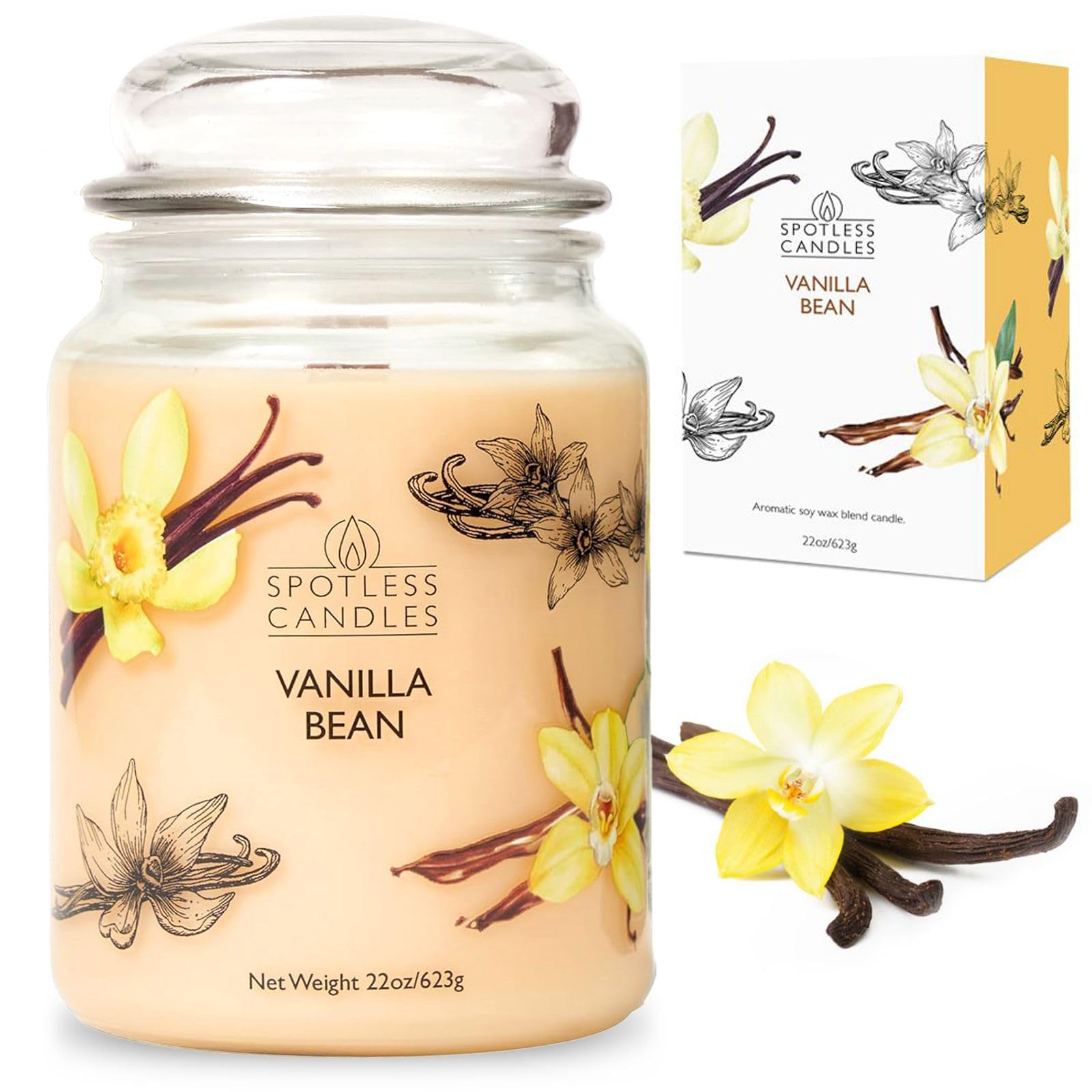 Candle Vanilla Bean 22oz with Wooden Wick in a Presentation Gift Box & Protective Shipper - Vanilla Scented Candles - Large Jar Candles