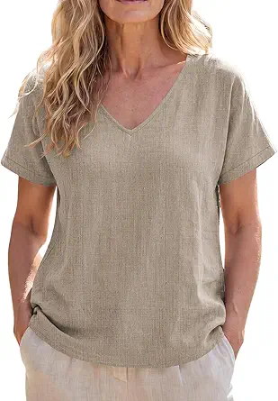 SVALIY Viscose Linen Women's Summer Top, Loose V-Neck Short Sleeve Shirt