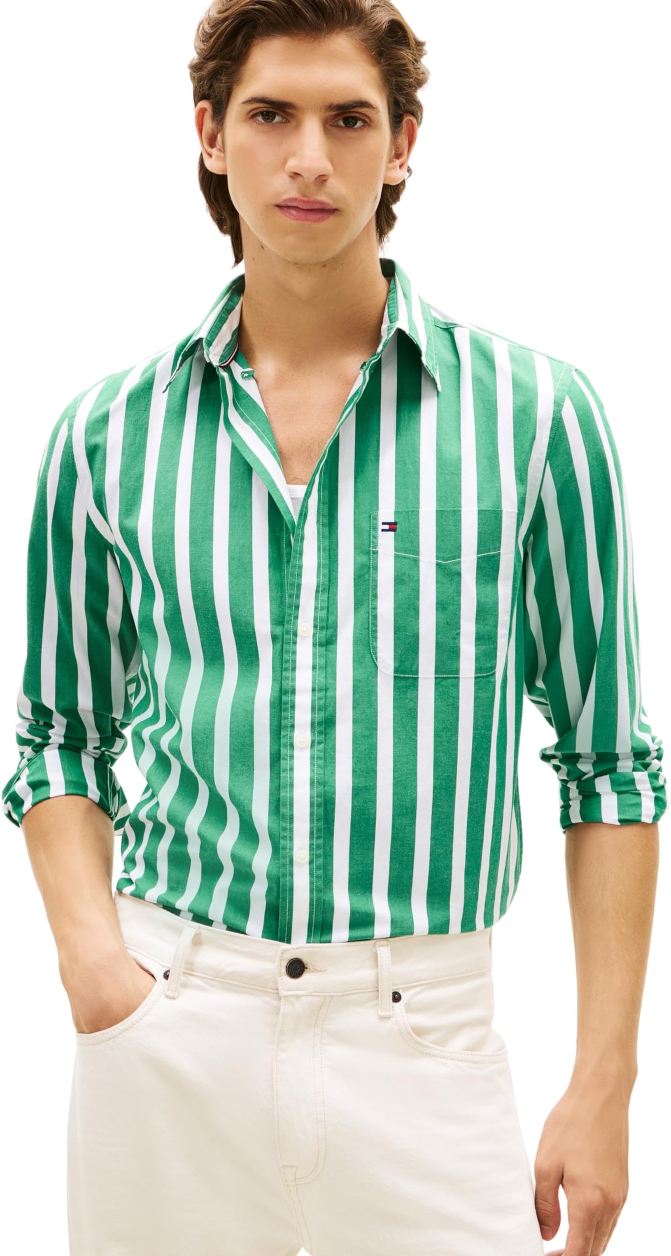 Tommy Hilfiger Men Flex POPLIN Bold Stripe Shirt MW0MW41715 L/S Shirt, Green, XL