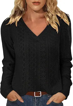 KISSMODA Long Sleeve Fall Shirts For Women V Neck Tunic Tops Embroidered Button Down Knitted Blouses 2025