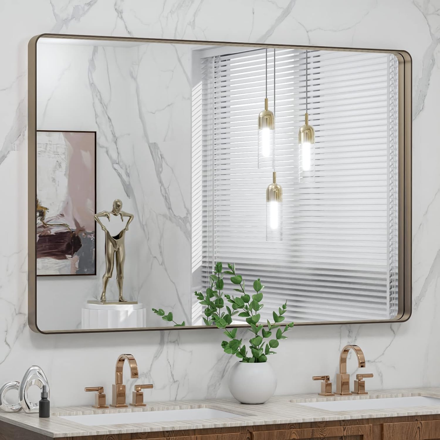 LOAAO 48”X32” Bronze Bathroom Mirrors for Vanity, Rounded Rectangle Brushed Bronze Metal Frame Mirror, Anti-Rust, Tempered Glass, Hangs Horizontally or Vertically Bronze 48"L x 32"W