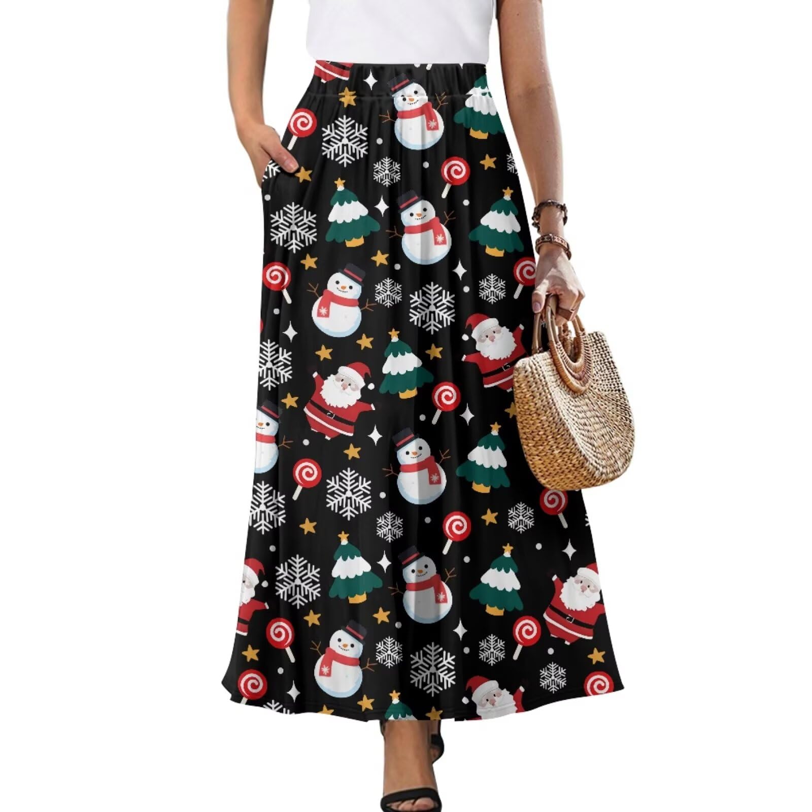 Womens High Waist Midi Skirts Lightweight Long Maxi Skirt Elasticized Waistband Work Skirts A Line Swing Skirts