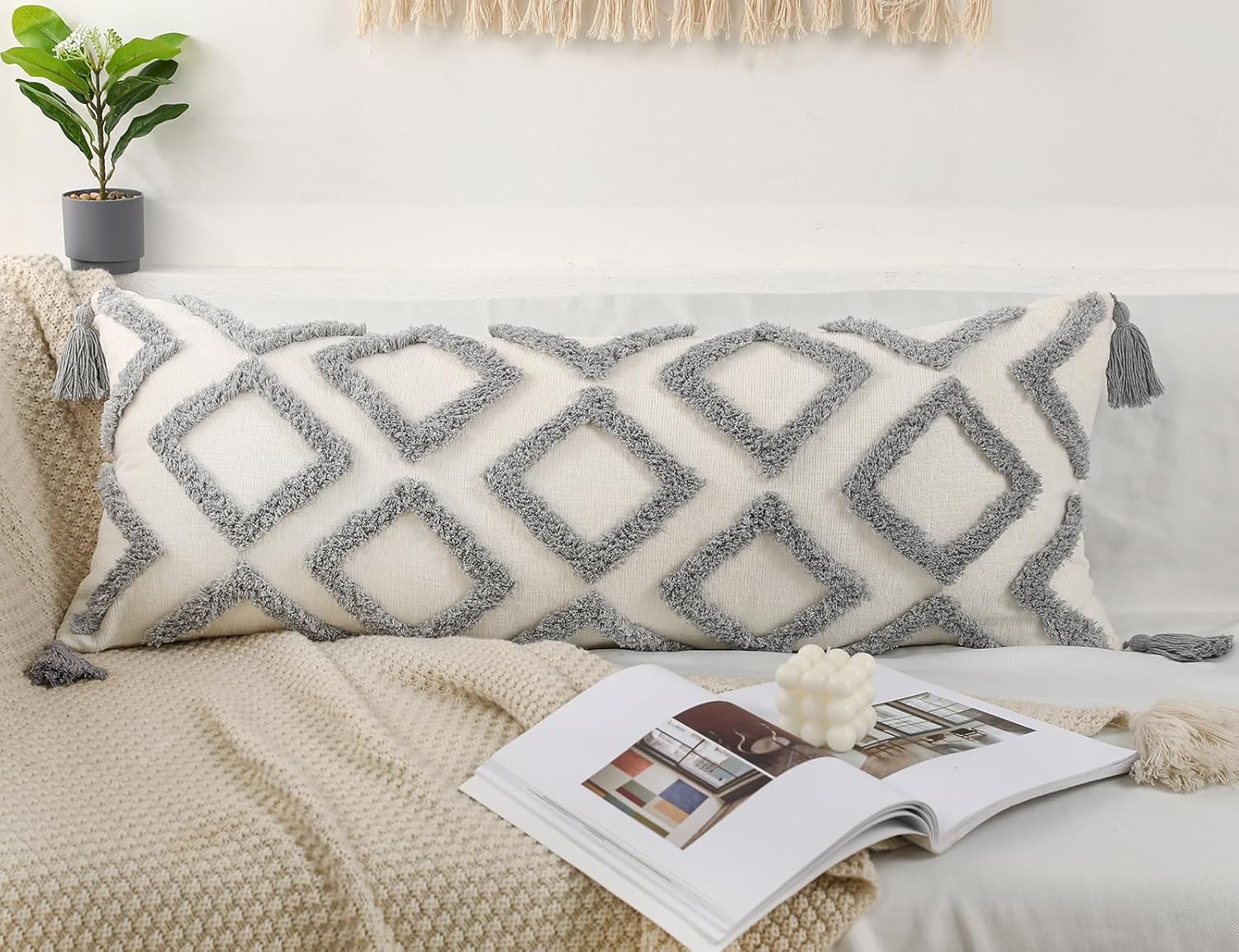 PANOD Decorative Long Lumbar Pillow Cover 14x36 Boho,Super Soft Chenille Extra Long Lumbar Pillow Case Cover with Tassel for Bed Sofa Couch Farmhouse Livingroom,Grey,Modern Skinny