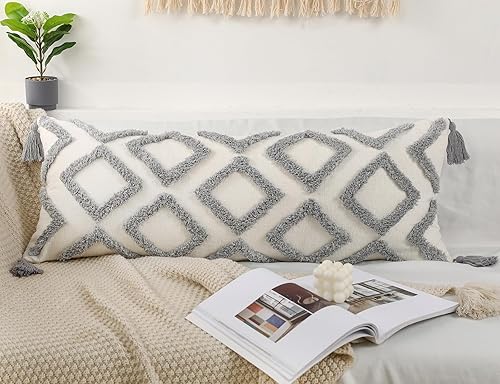 Miniatura 3 de PANOD Funda de almohada lumbar larga decorativa de 14 x 36 pulgadas, bohemia, funda de almohada lumbar de felpilla súper suave con borlas para cama,