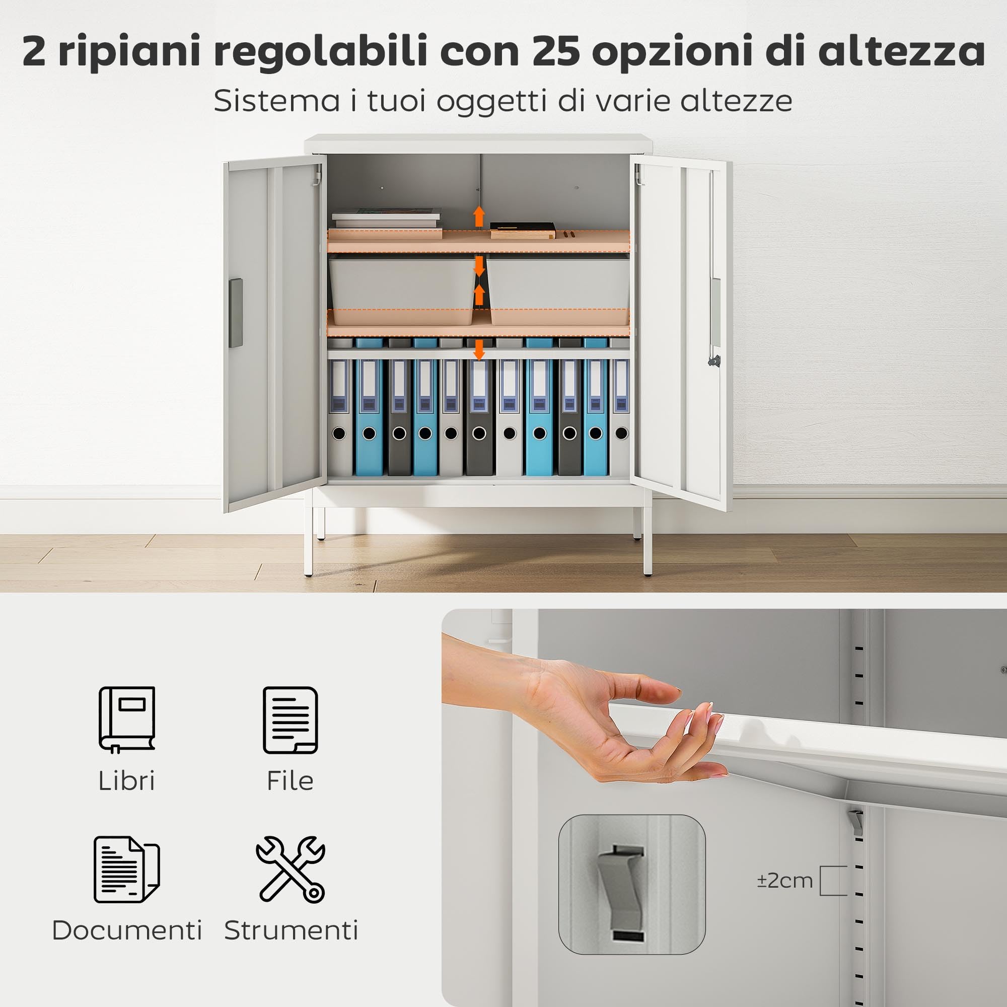 HOMCOM Armadio Portadocumenti a 2 Ante in Acciaio, Schedario da Ufficio con Ripiani Regolabile su 25 Livelli e Serratura, Mobiletto Multiuso Portaoggetti, per Ufficio Studio, 80x40x100 cm, Bianco