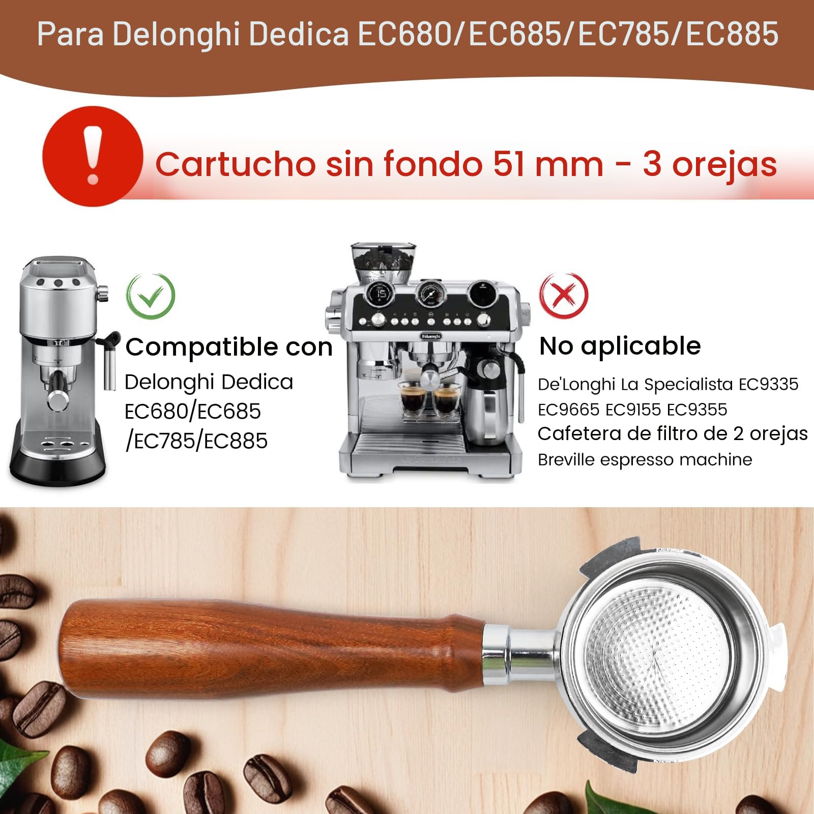 Prensadores de Café, 51mm Filtro Portafiltro Café sin Fondo, Agitador de Café expreso, 5 agujas, Tamper Prensadores de Café con Alfombrilla Cafe, Madera Café Tamper Espresso Kit Set