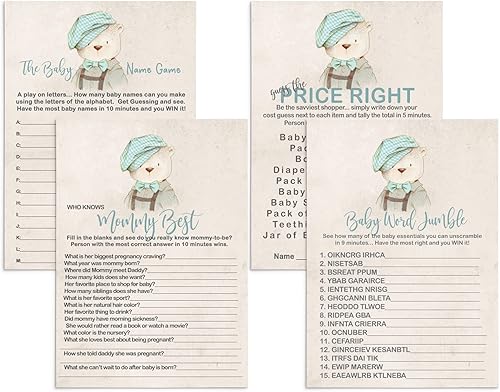 Miniatura 6 de Teddy Bear Baby Shower - Paquete de tarjetas de juego 4 en 1 (25 cada uno) incluye Mommy Best - Word Scramble - Name Game - Guess the Price - Boys