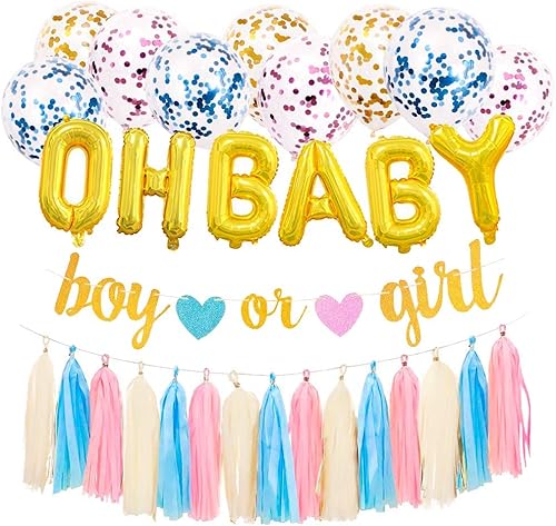 Miniatura 2 de CoolerthingsDG - Suministros para fiesta de revelación de género para bebé, pancarta dorada para niño o niña, globos de revelación de género con