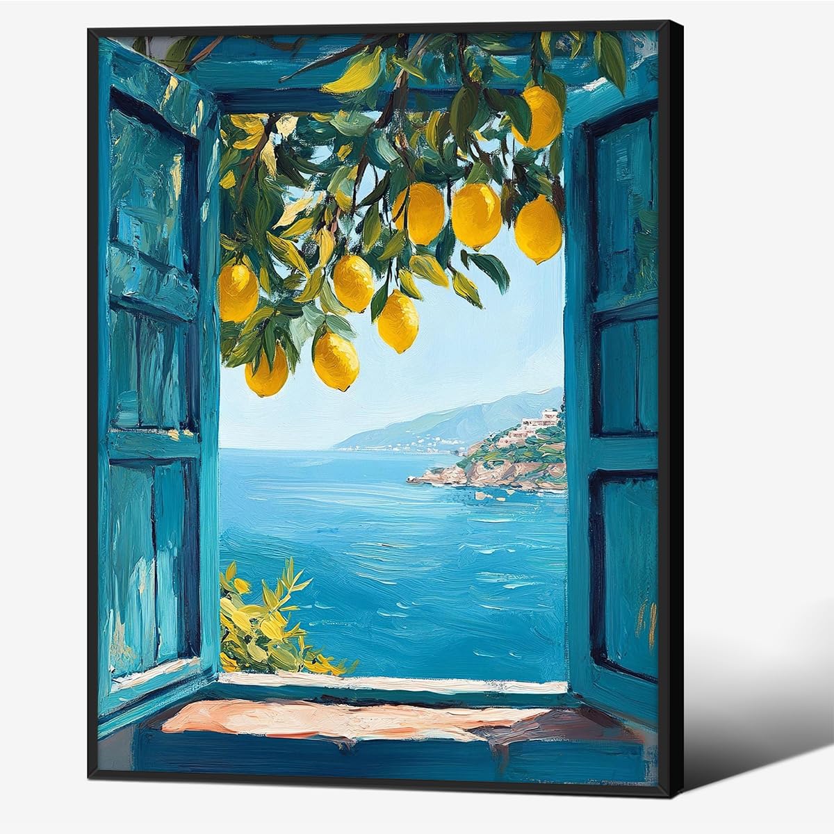 LMYSXAOZ Black Framed Canvas Wall Art Posters Mediterranean Window View Coastal Lemon Tree Prints Blue Seascape Modern Nature Landscape Pictures for Bedroom Living Room Office Decor 12x16 In