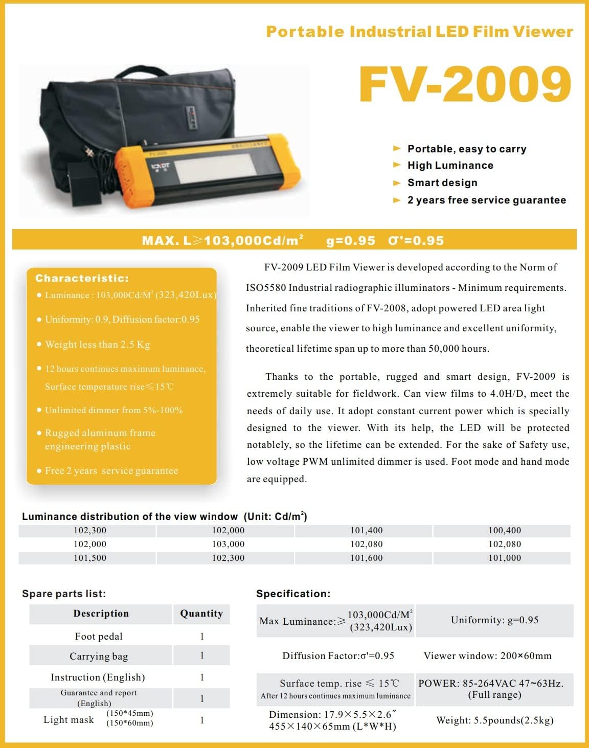 Portable FV-2009 LED Film Viewer for Radiographic Testing X Ray Flaw Detect