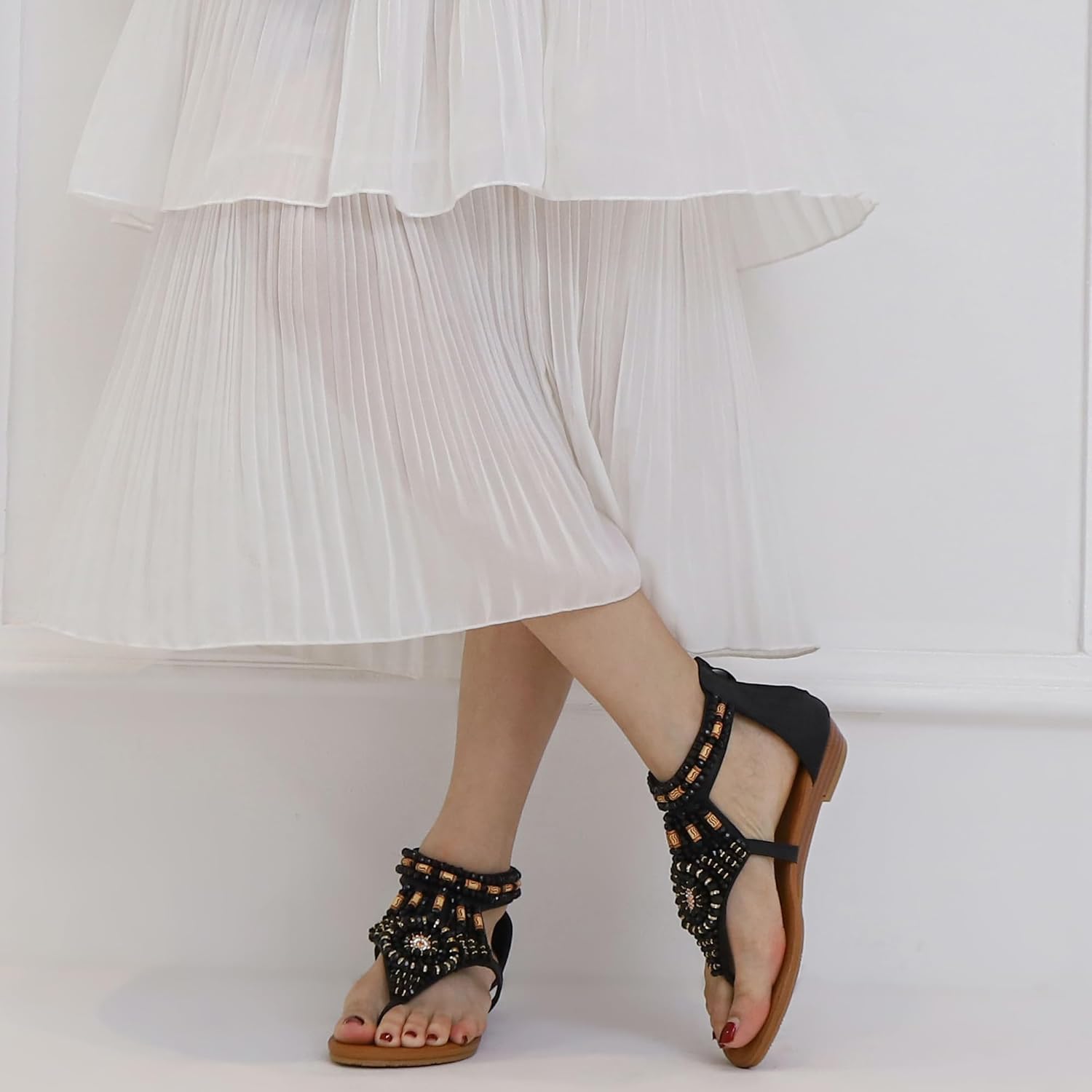 Women's Flat Sandals Womens Sandals Bohemian Dressy Casual Summer Flats Shoes Open Toe Zipper Beach Sandal - Image 3