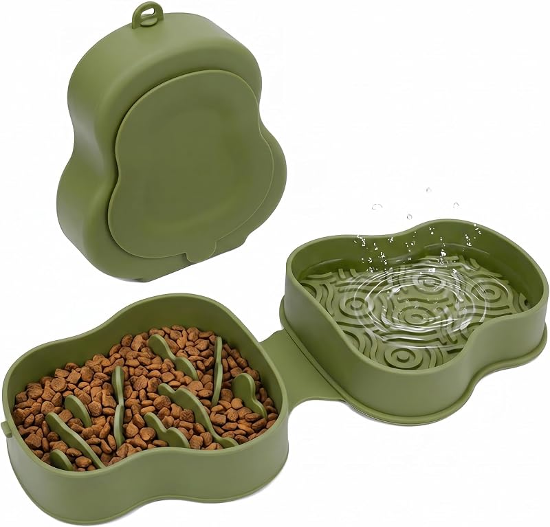 Tigela de Viagem Dobrável para Cães com Tampa, Comedouro Lento e Base com Ventosas BYAZLETQAN Verde
