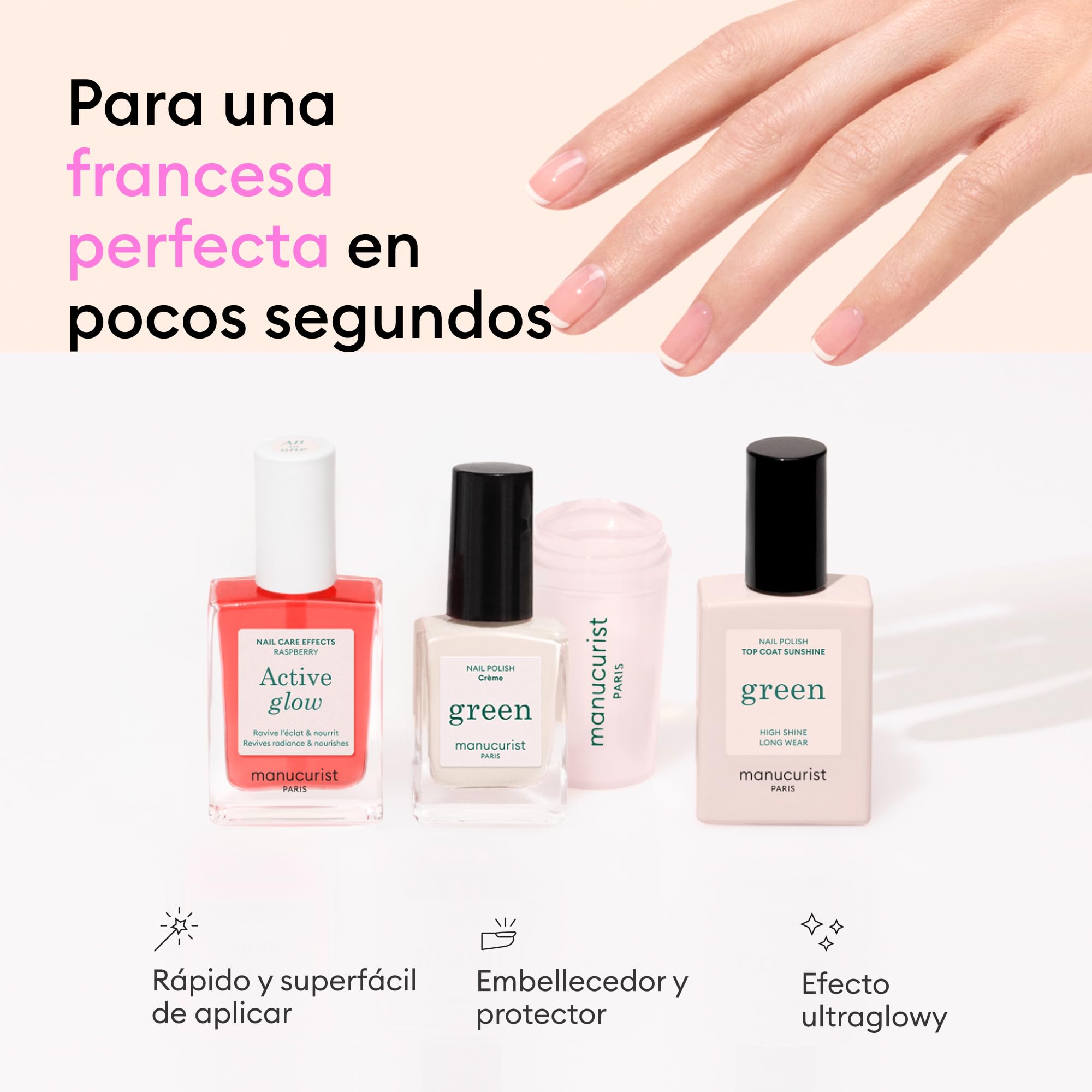 Manucurist – Set Active French Manicure Routine – Endurecedor de Uñas Active™ Glow Raspberry, Esmalte de Uñas Green™ Crème Tamaño Viaje, Mani Stamper y Top Coat Sunshine Efecto Gel – Kit de Manicura F