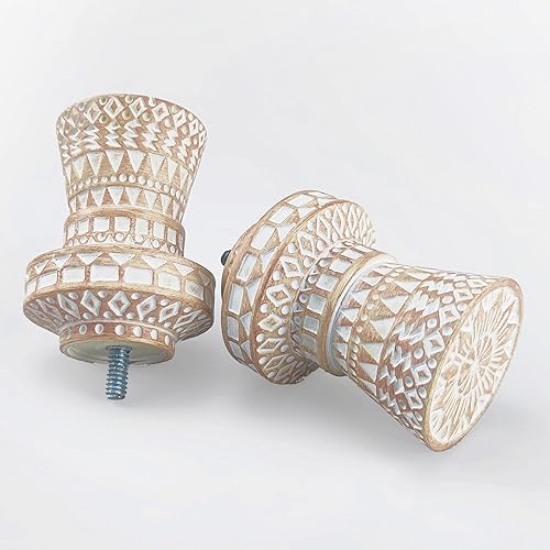 Juego de 2 remates decorativos de poliresina, tallados en blanco lavado, compatibles con barra de cortina de 1 pulgada de diámetro, par de remates