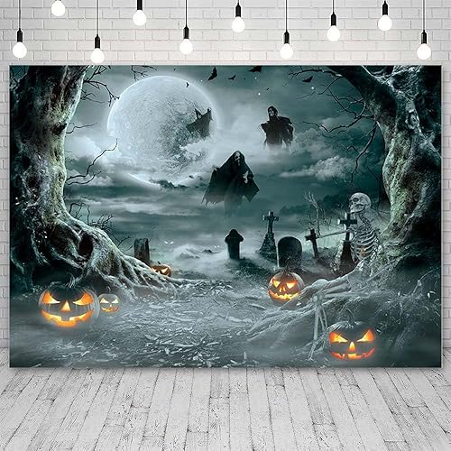 Miniatura 2 de Telón de fondo de fotos de Halloween de 7 x 5 pies, luna, noche, bruja negra, telón de fondo de Halloween para fotografía de otoño, linterna de