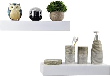 Rectangle Wooden Floating Shelves Wall Mounted, 16.5 inch Ledge to Storage Organize and Trophy Display Home Decor for Bedroom, Living Room, Bathroom, Kitchen, Office - Set of 2, White