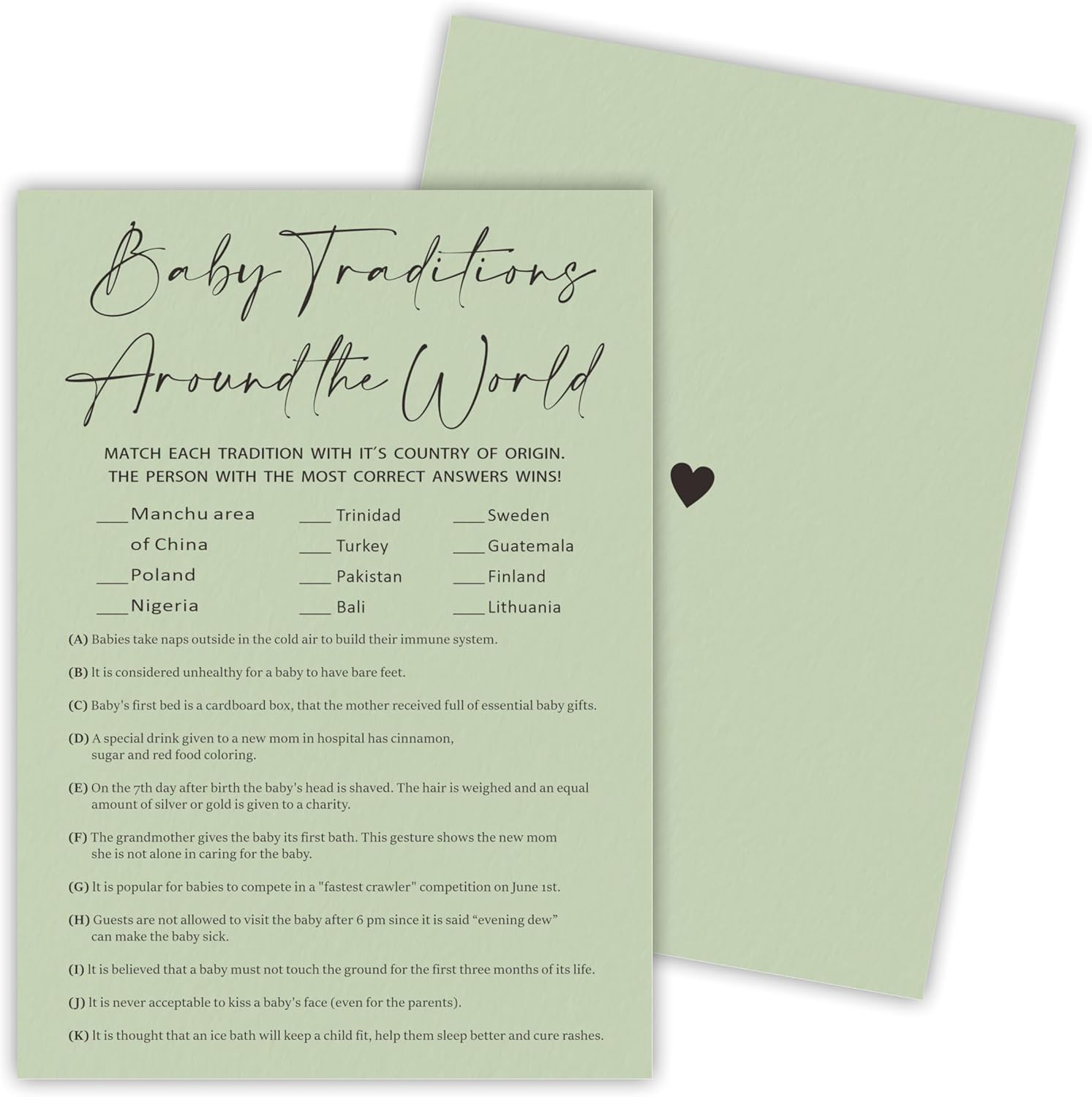 30 Pcs Green Baby Shower Game Cards With Answer Card, Baby