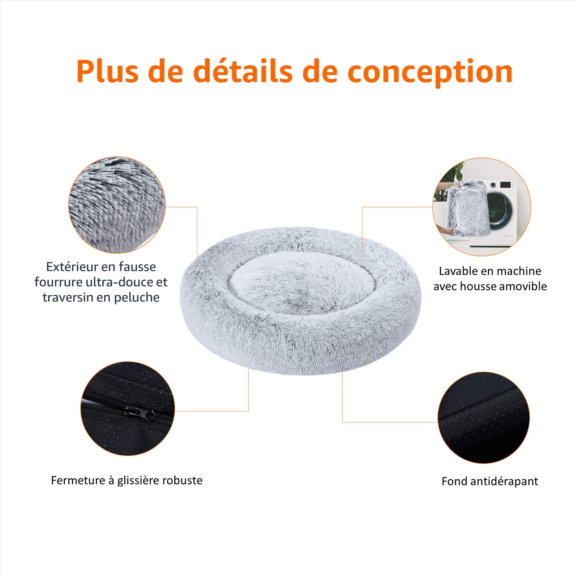Amazon Basics Lit renforcé en fausse fourrure Doux en forme de donut pour animal domestique, Chien, Lavable en machine, 59 cm, Gris