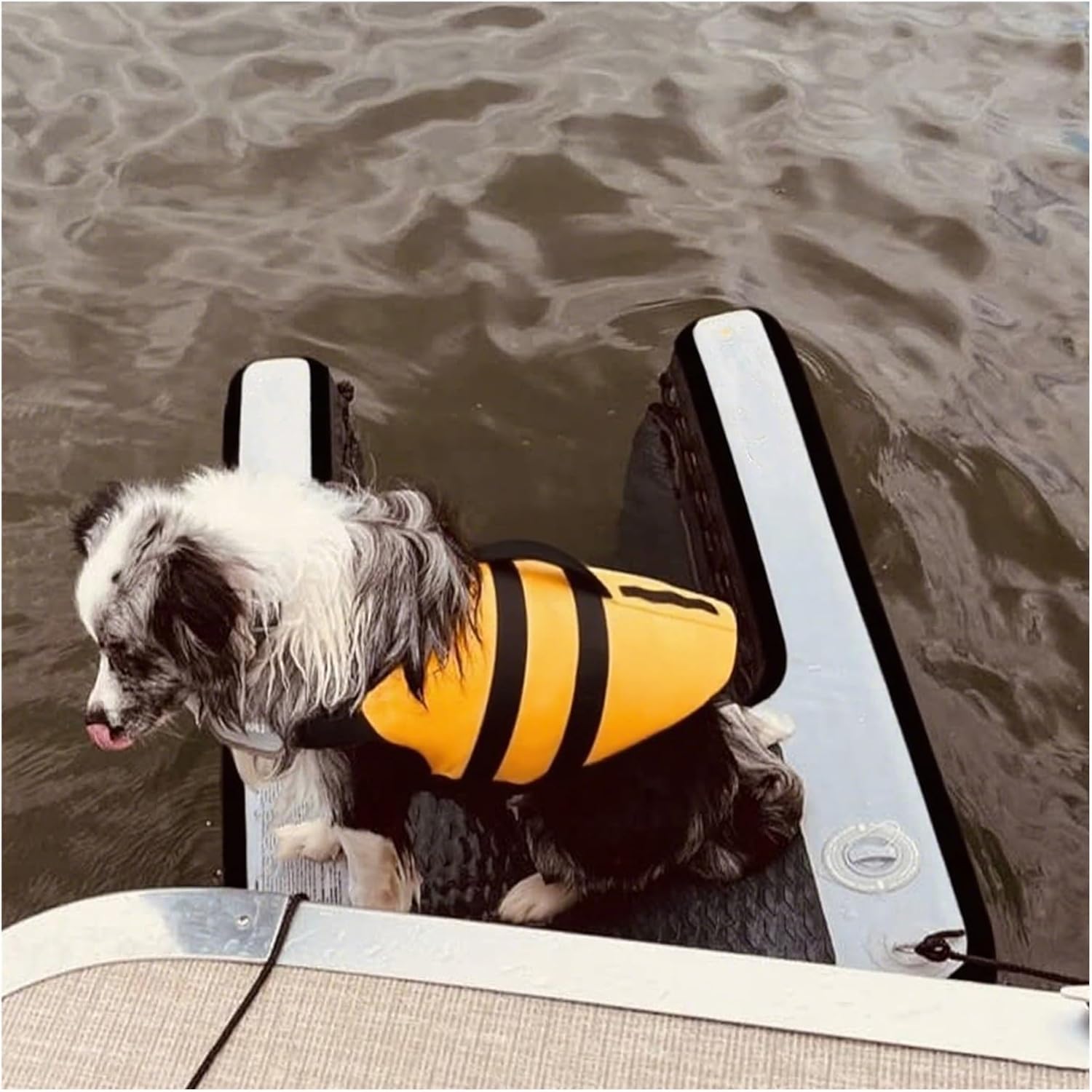 Inflatable Dog Pool Ramp, 1.5m Foldable & Reusable Water Ramp for Dogs, High Buoyancy Safety Floating Dock for Small/Medium/Large Dogs, Black Blue Green Red Yellow(Black)