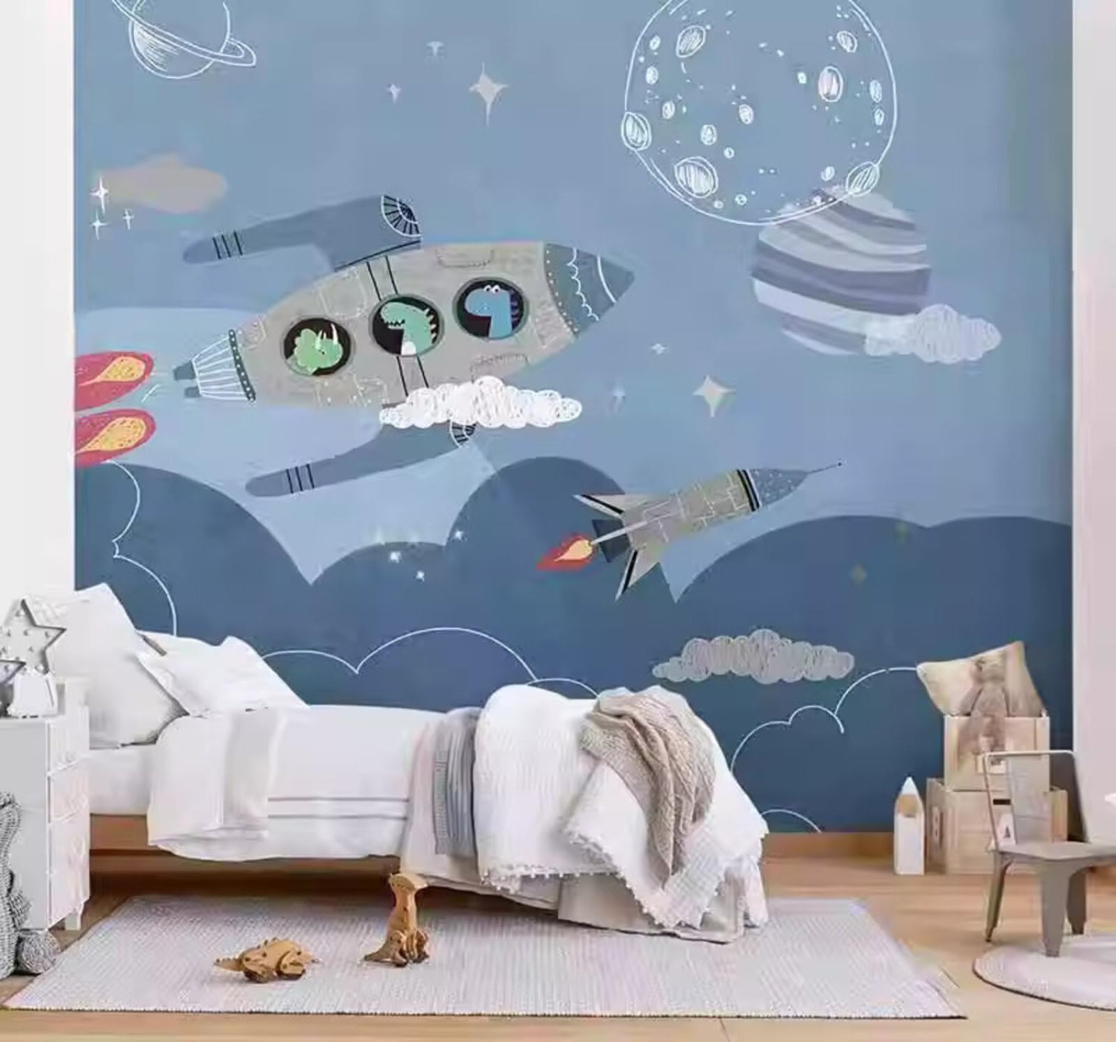 Xlming 200Cm×140Cm(B×H) Cartoon Rocket Pilot Aeroplane Starry Sky 3D Wallpaper Luxury Silk Study Dining Feature Sofa Grey Bedroom Living Room Tv Decorative Wall-200Cm×140Cm