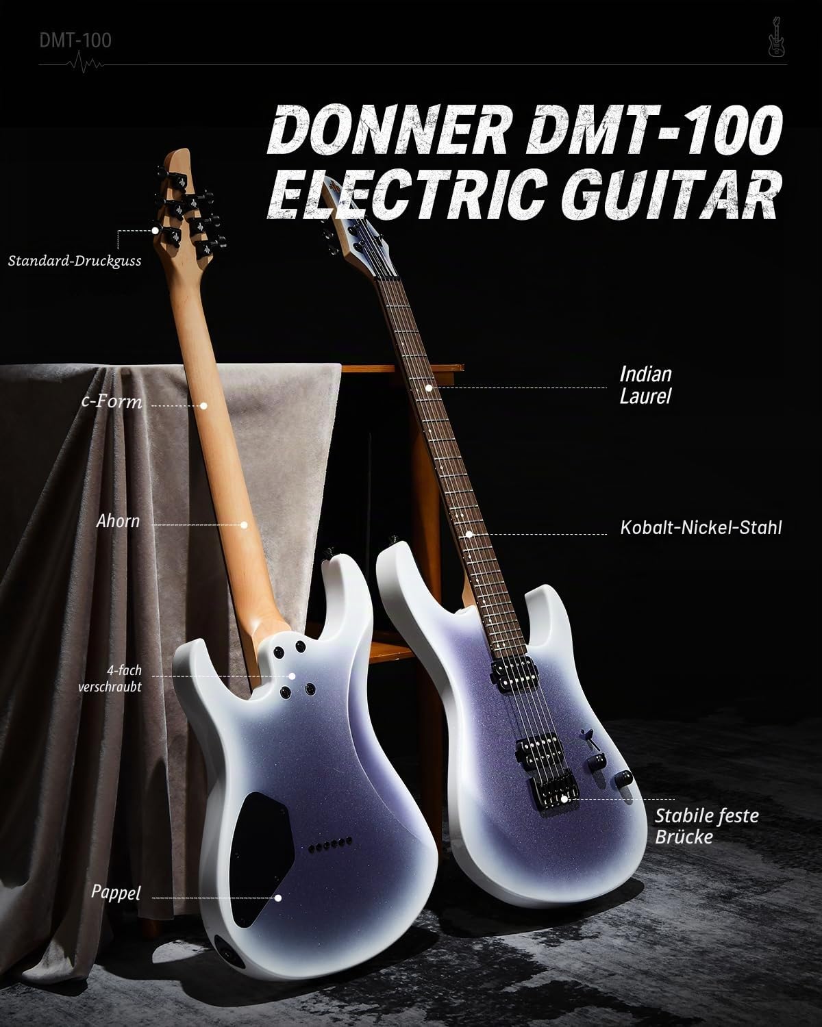 Donner Solid-Body E-Gitarre, 39 Zoll Metal E-Gitarre Einsteiger-Set mit Tasche, Saiten, Gurt, Kabel, Saitendämpfer für Rockmusik-Liebhaber, DMT-100 (Verlauf-Violett)