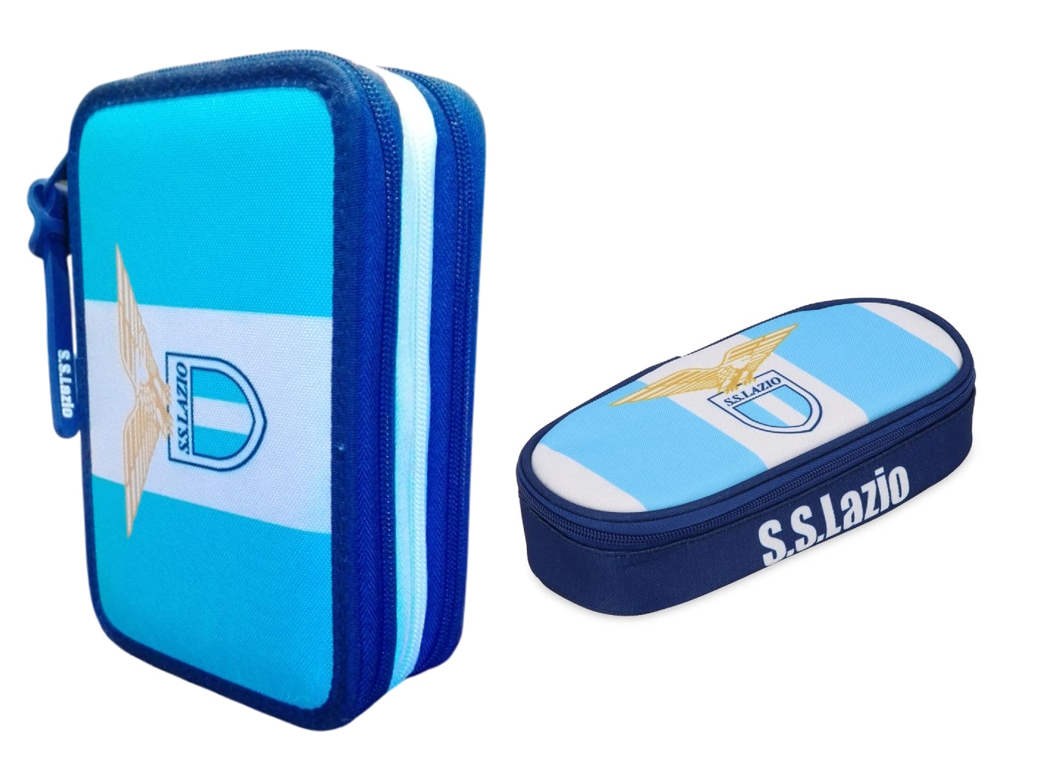 PRESTIGE & DELUXE Astuccio scuola Lazio Biancoazzurri - 3 piani chiusura zip - completo di cancelleria + Astuccio ovale zip + omaggio portachiave