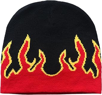 Flame Beanies, Y2K Knit Beanies Flame Skull Cap, Cool Graphic Beanies for Men