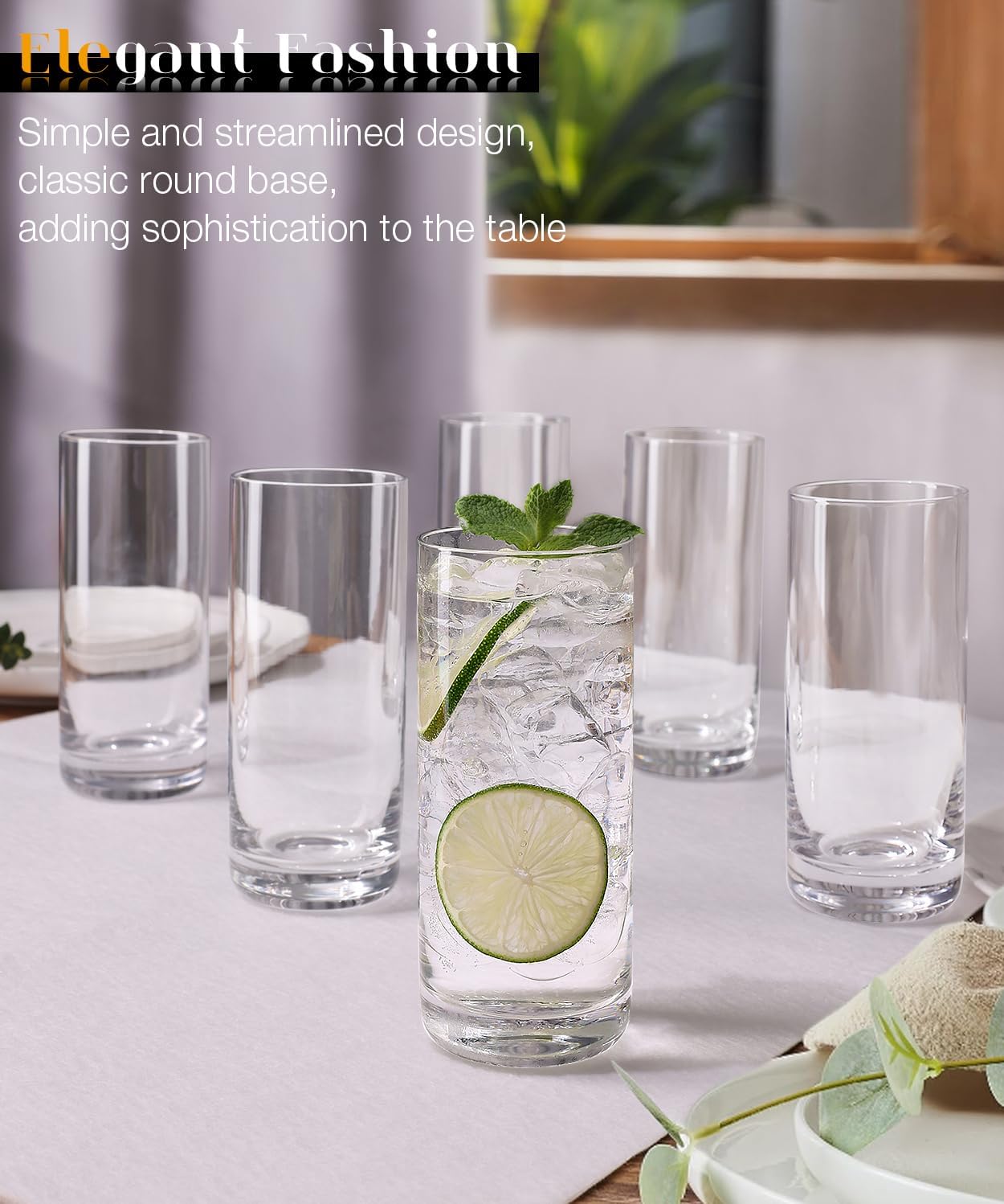 LUNA & MANTHA Drinking Glasses Set of 12，6 Wide Mouth Design Water Glasses 16 oz & 6 Straight Design Highball Glasses 13 oz