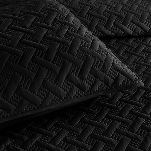 Miniatura 5 de Juego de edredón de 3 piezas  Colcha acolchada ultrasuave  Colcha de microfibra ligera de punto clásico para todas las estaciones  Colchas negras