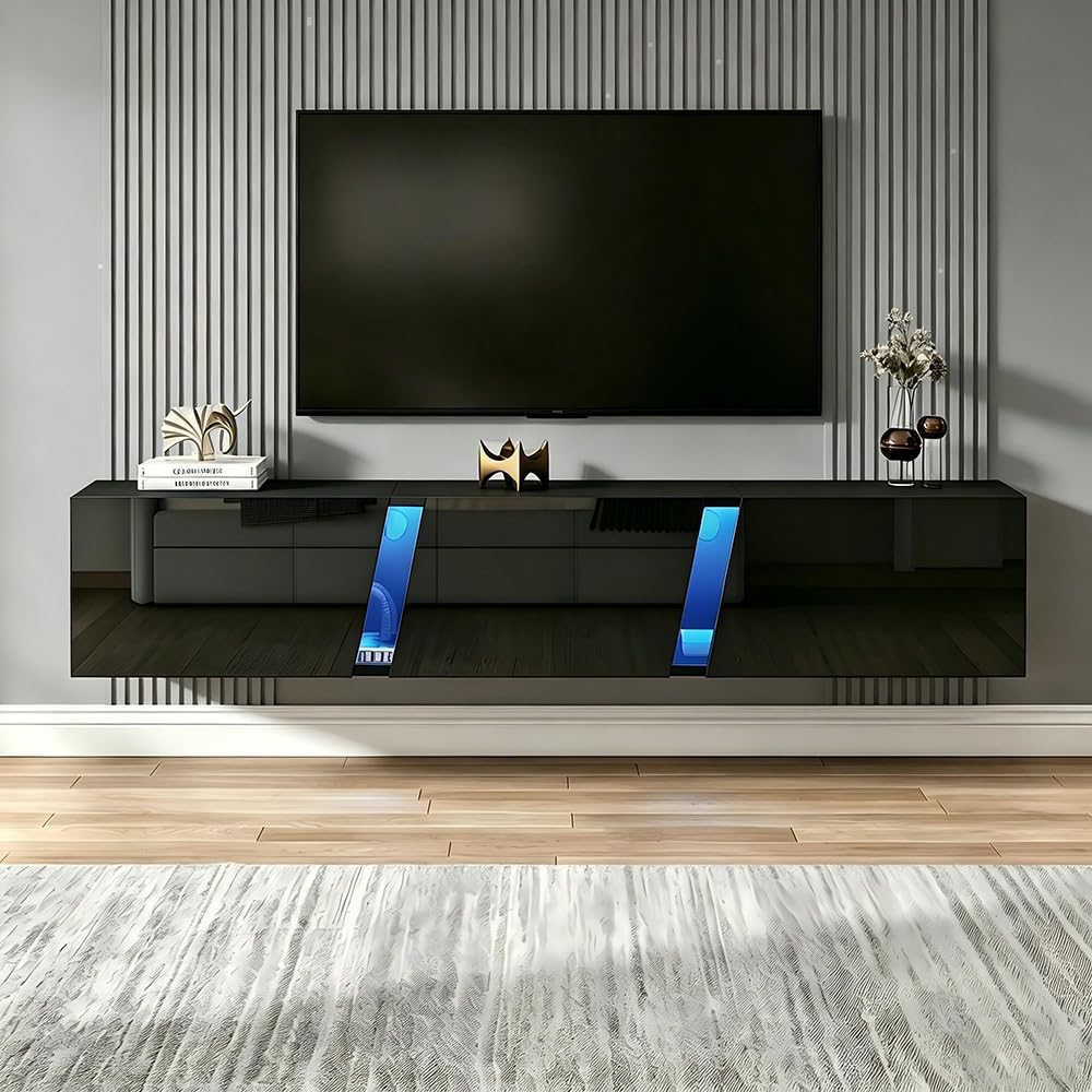 Sweiko Meuble TV Suspendu Noir Brillant avec LED App