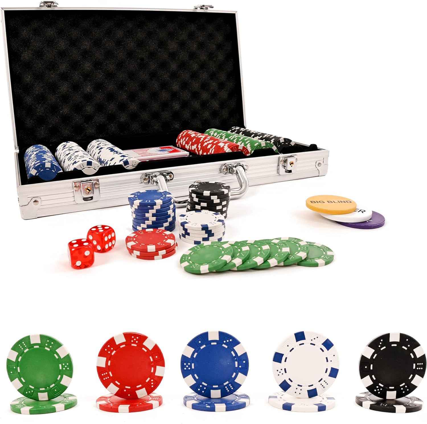 various-Juego de 300 Piezas en Caja de Aluminio con fichas de póquer de 11,5 g, 2 Barajas de Cartas de Juego de Distribuidor de Botones Ciegos Grandes y pequeños y 5 Dados